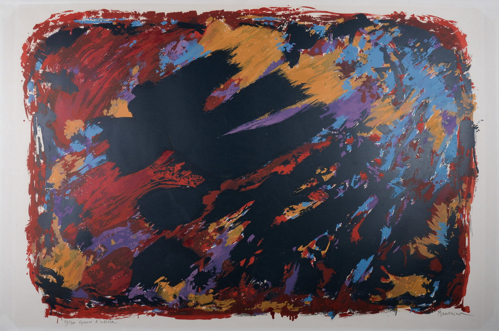 Alfred Manessier : Le proces de Burgos II, 1971 - Hand-Signed: Alfred Manessier (1911 - 1983) Le proces de Burgos II, 1971 Large lithograph in colors on wove paper. Scarce! Hand signed in pencil lower right. Numbered in pencil 26/30 and annotated "Epreuve d'artis