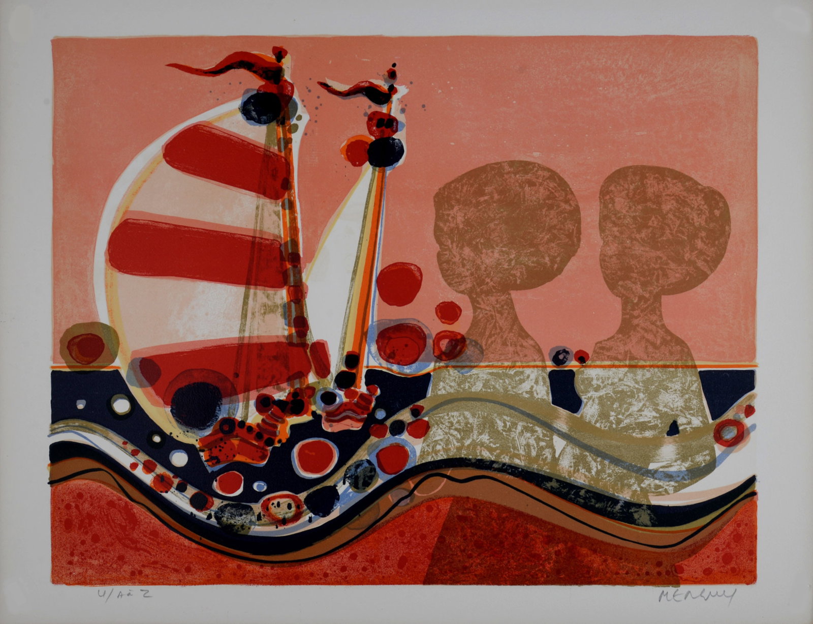 Frederic Menguy - Ombres au voilier, Les Angeliques, 1975: Frederic Menguy Ombres au voilier, Les Angeliques, 1975 Original lithograph on Velin d'Arches paper. Hand-signed lower right margin. Numbered "U / A a Z" lower left margin. Dimensions: + Size of the s