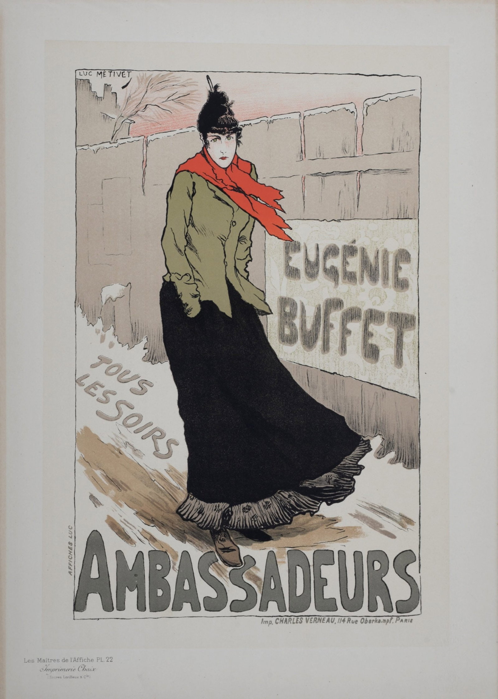 Lucien Metivet - Les Maitres de l'Affiche, Eugenie Buffet (Ambassadeurs), 1896: Lucien Metivet (1863-1930) Eugenie Buffet (Ambassadeurs), 1896 Les Maitres de L’Affiche : PL. 22 Lithograph on Japan paper. Signed on the plate lower right margin. Dimensions : + Size of the sheet :