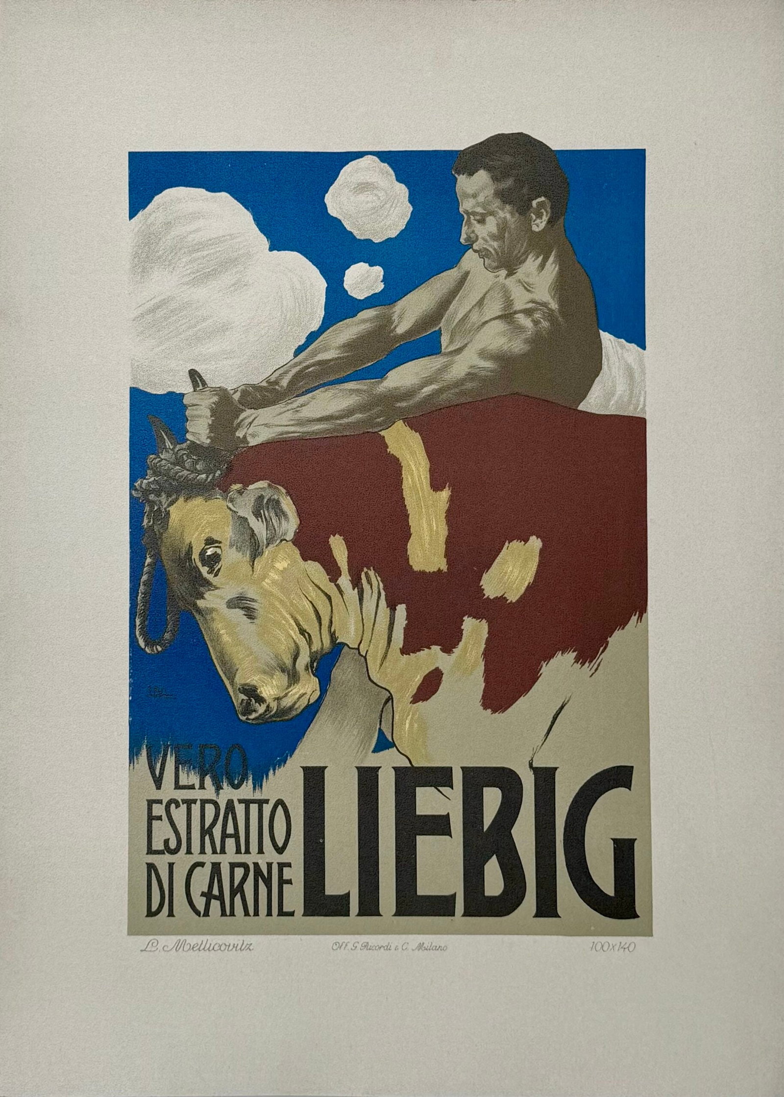 Leopold Metlicovitz - Liebig, 1914 (Ricordi Poster Portfolio): Leopold Metlicovitz Liebig, 1914 Lithograph on thick paper. Scarce lithograph from the iconic portfolio Ricordi! Dimensions: +Size of the sheet: 36 x 26 cm / 14.17 × 10.24 in. Printed in 1914 by Rico