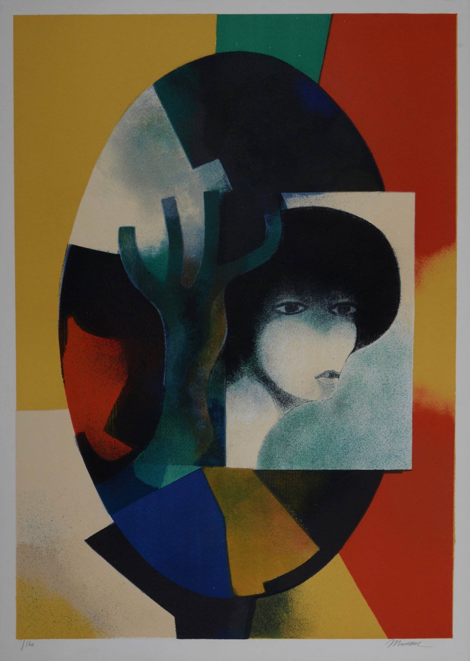Andre Minaux - Portrait de femme, circa 1970 - Hand-signed: Andre Minaux (1923-1986) Portrait de femme, circa 1970. Lithograph on wove paper. Hand-signed in pencil lower right margin. Numbered in pencil lower left margin. With "Creysse France" watermark lower 