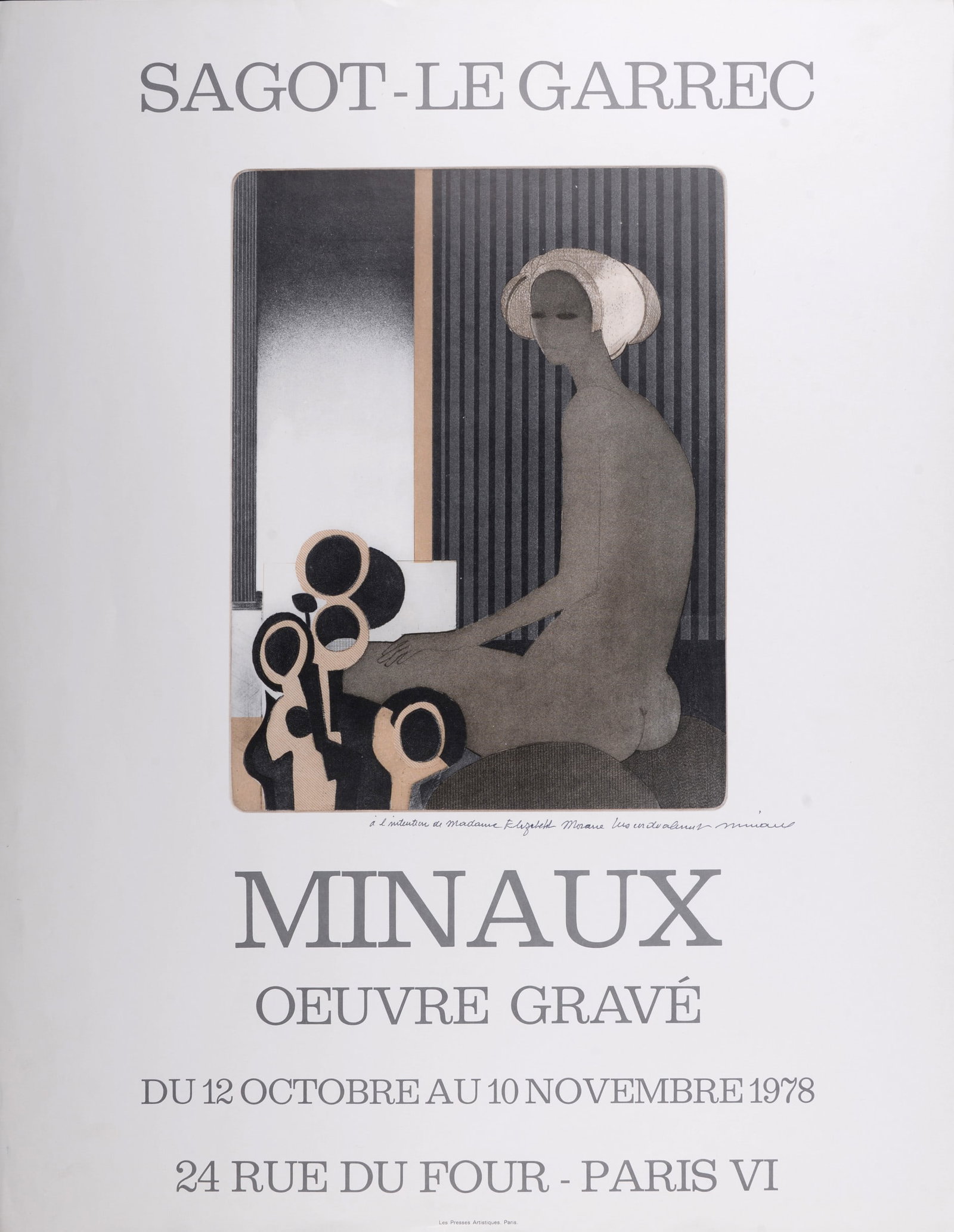 Andre Minaux : La femme au turban, 1978: Andre Minaux (1923-1986) La femme au turban, 1978. Original lithograph on poster paper. Dedicated under the image "A l'intention de Madame Elizabeth Moraue (?) Tres cordialement, Minaux". Dimensions :
