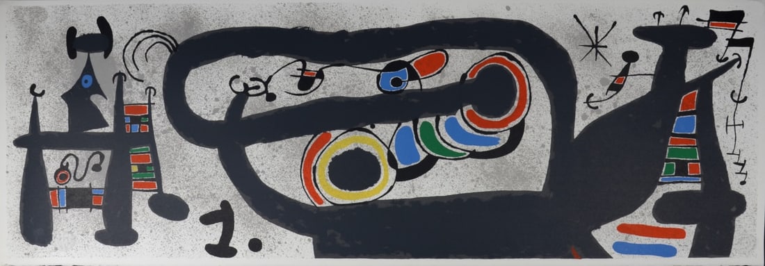 Joan Miro - Lezard aux plumes d’or #5, 1971: Joan Miro (1893-1983) Le Lezard aux plumes d'or #5, 1971 Color lithograph on vellum paper. With Miro watermark lower left. Dimensions : + Size of the sheet : 35,5 x 100 cm / 13,9 x 39,3 in Please note