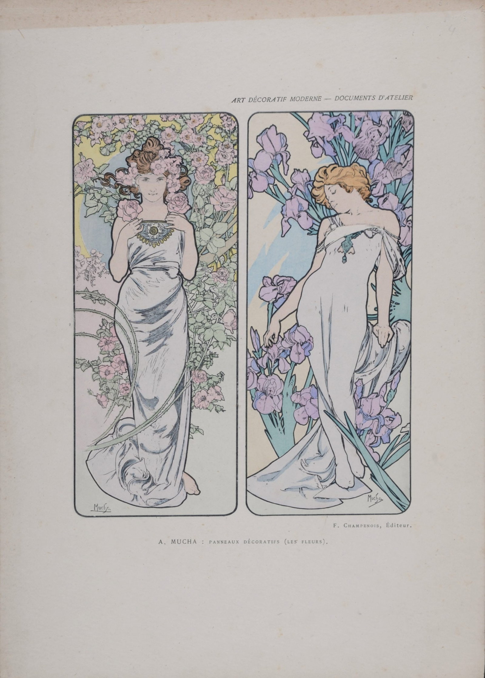Alphonse Mucha - Les Fleurs, 1898: Alphonse Mucha (1860-1939) Les Fleurs, 1898 Lithograph in colors on thick paper. Signed on the plate. Dimensions: + Size of the sheet: 32 x 22,5 cm / 12,6 x 8,8 in. + Size of the image: 19 x 15,5 cm /
