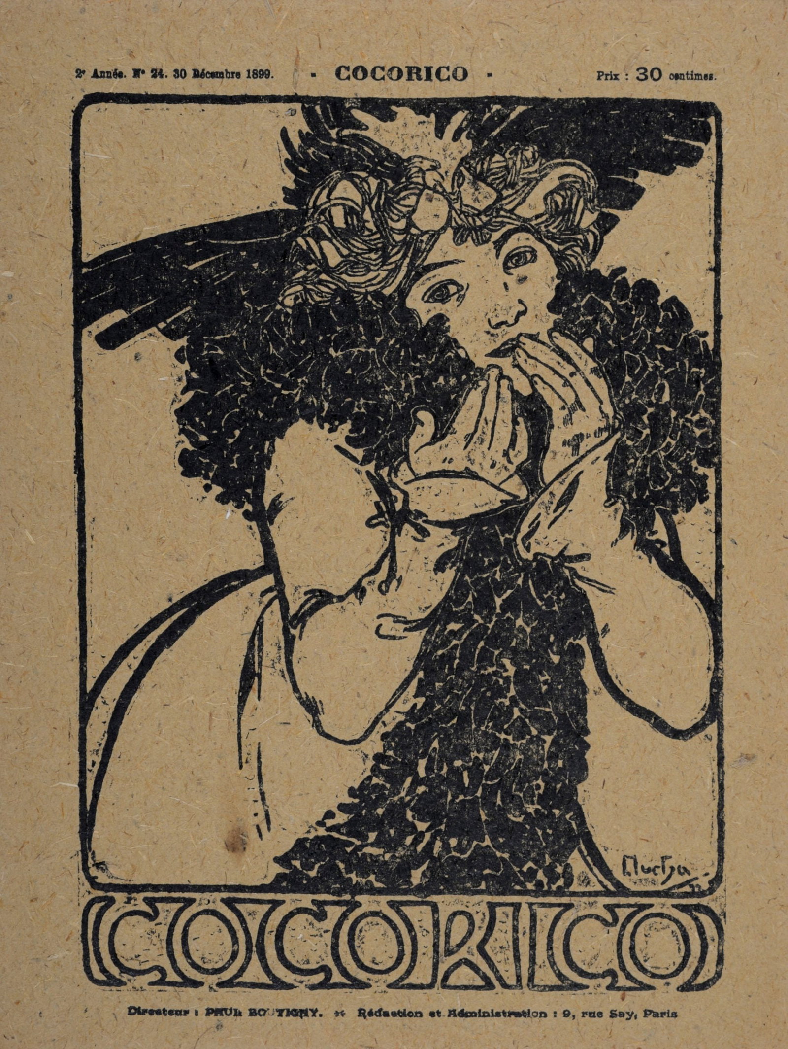 Alphonse Mucha - Cocorico #1, 1899: Alphonse Mucha (1860-1939) Cocorico, 1899 Lithograph cover on paper. Plate-signed lower right. Dimensions : + Size of the sheet : 29,6 x 23 cm / 11,7 x 9,1 in. Cover from "Cocorico, issue #24", 1899. 