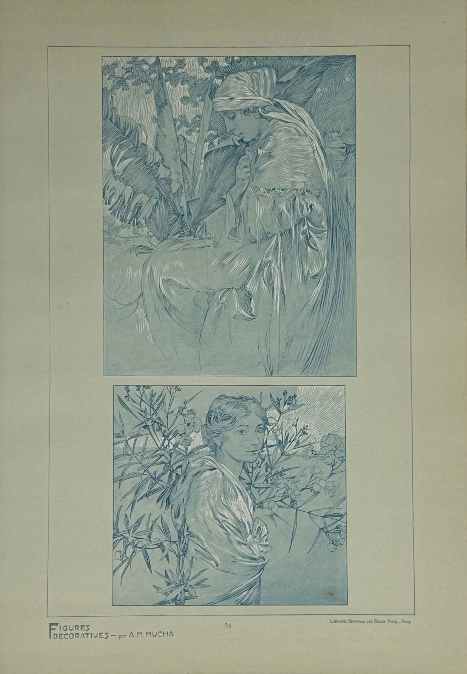 Alphonse Mucha : Figures decoratives, 1902 pl. 34: Alphonse MuchaFigures decoratives, Pl. 34, c. 1902 Lithograph on thick paper Dimensions : Sheet size: 44,2 × 31 cm ( 17.4 × 12.2 in) Edited by Gabriel Mourey. Paris: Librairie Centrale des Beaux-Art