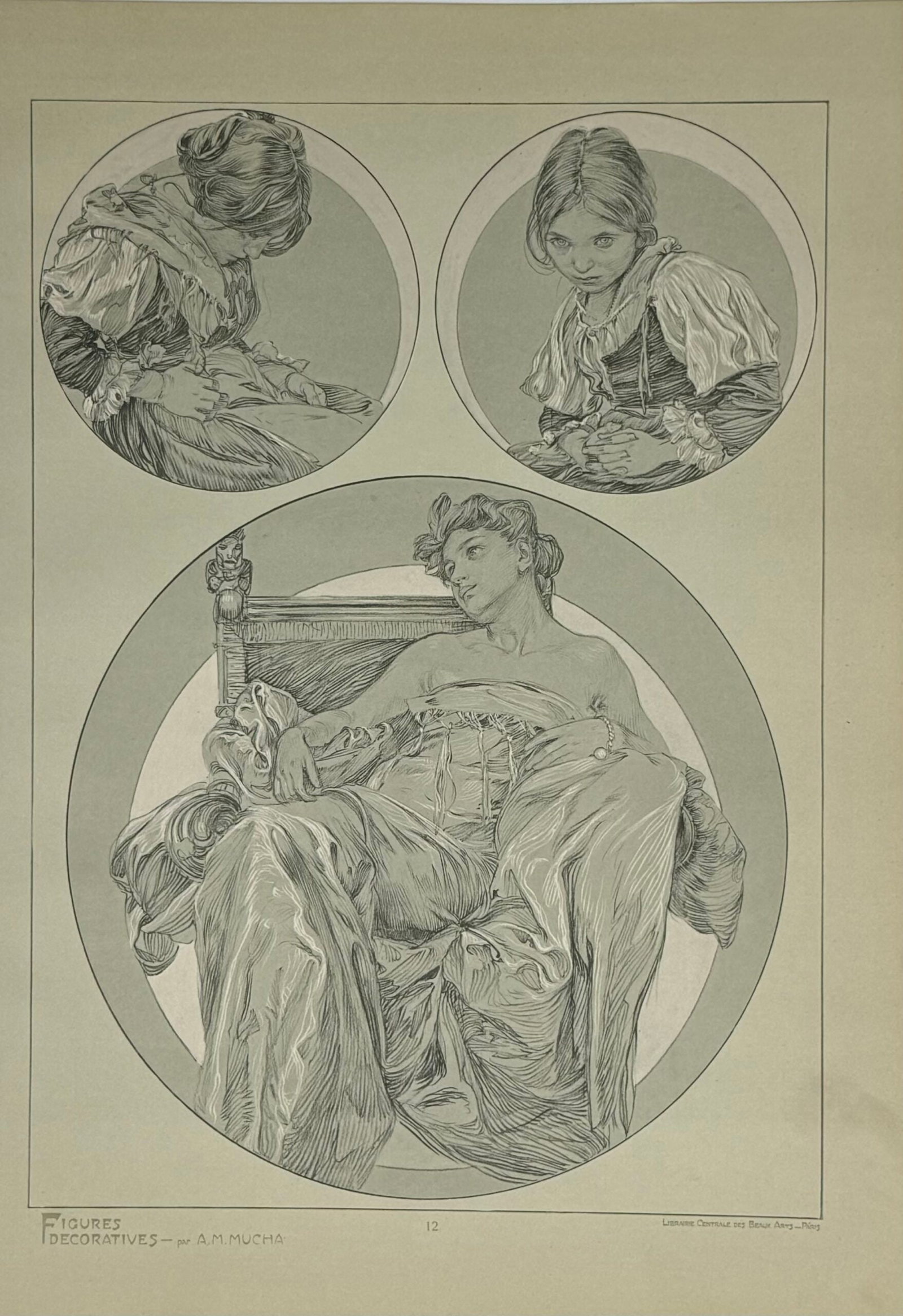 Alphonse Mucha : Figures decoratives, 1902 pl. 12: Alphonse MuchaFigures decoratives, Pl. 12, c. 1902 Lithograph on thick paper Dimensions : Sheet size: 44,2 × 31 cm ( 17.4 × 12.2 in) Edited by Gabriel Mourey. Paris: Librairie Centrale des Beaux-Art