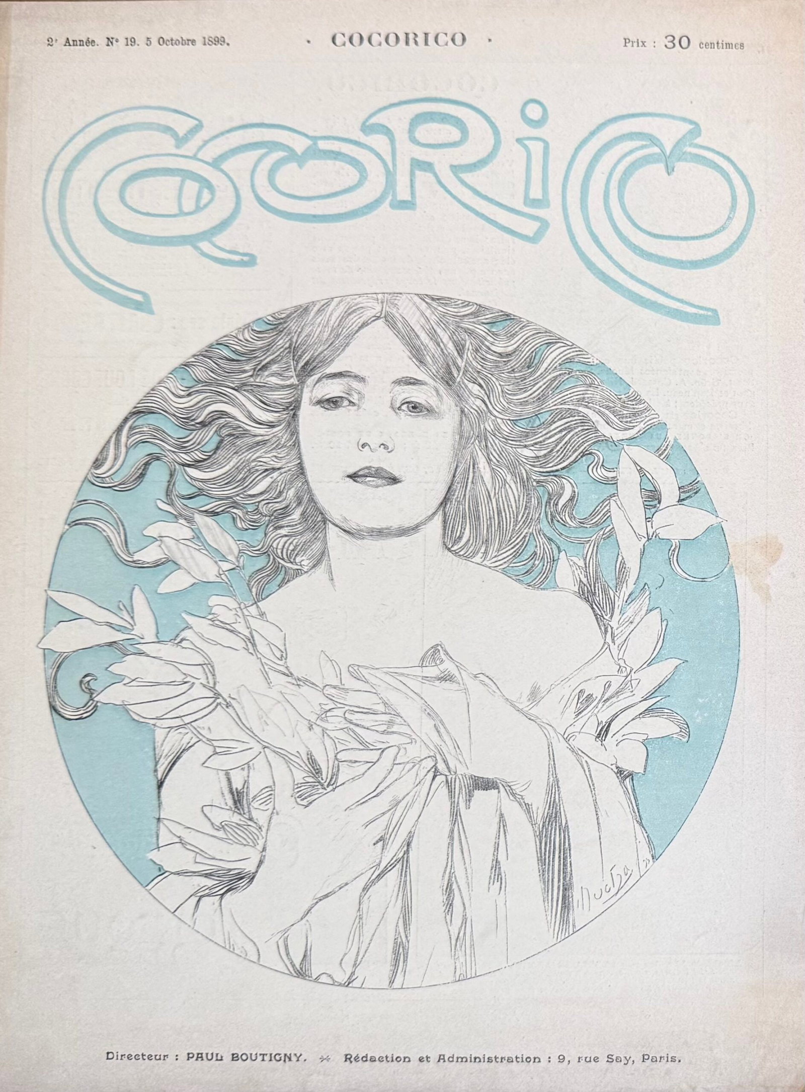 Alphonse Mucha : Cocorico, n° 19 — 5 Octobre 1899: ALPHONSE MUCHA (1860–1939) Cocorico, n° 19 — 5 Octobre 1899 Chromolithograph cover signed in the plate by Mucha, illustrated Art Nouveau periodical. Dimensions: Issue / sheet 32 × 25 cm (12.6 ×