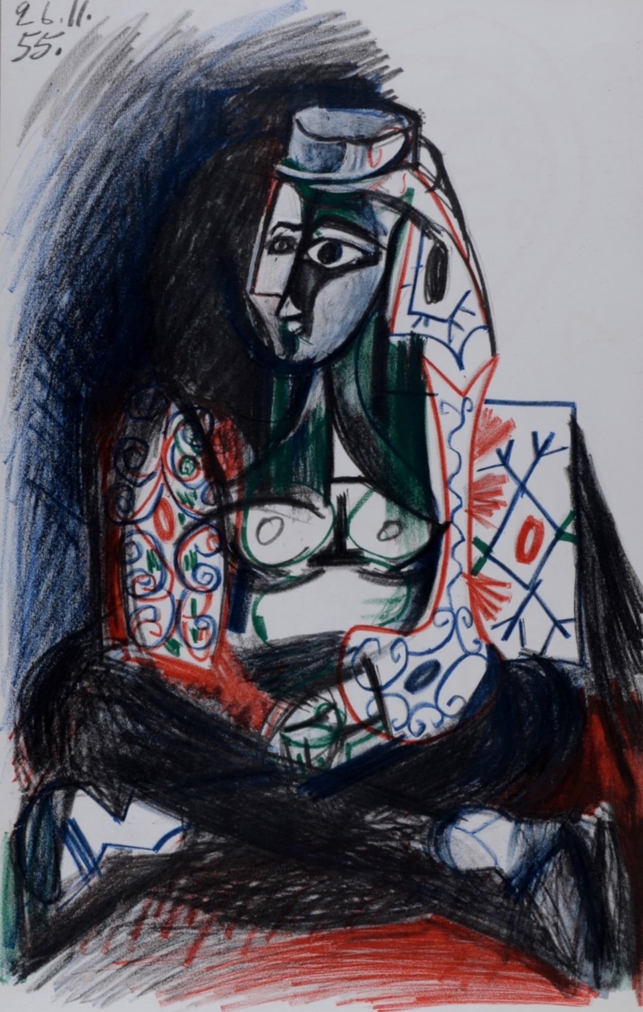 Pablo Picasso (After) : Jacqueline Roque, 1959: Pablo Picasso (After) Jacqueline Roque, 1959 Lithograph in colors on Vellum paper. Dated in the plate : 216.11.55. upper left. Printed on the back, with a lithograph in black and white. Dimensions: +S