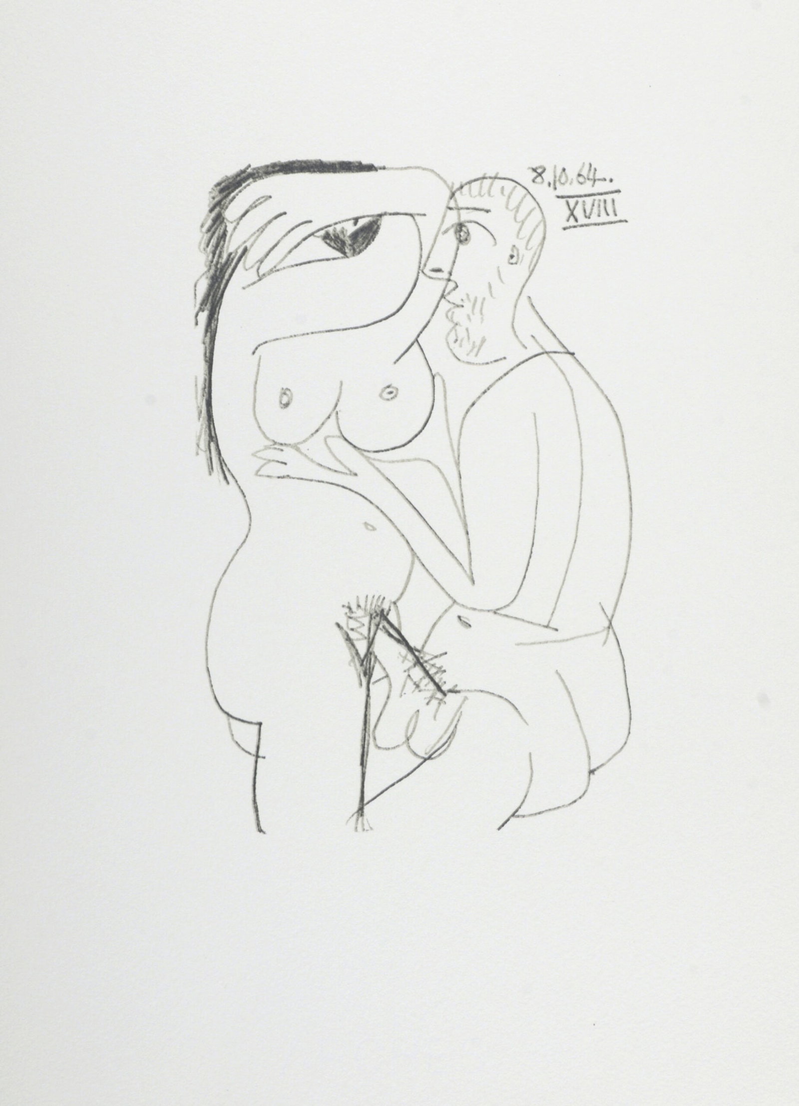Pablo Picasso (After) Le Gout du Bonheur (XXXIII), 1970: Pablo Picasso (d'apres) Le Gout du Bonheur (XXXIII), 1970 Lithographie sur papier Velin d'Arches, d'apres le dessin de Pablo Picasso de 1964. Non signe Date sur la planche en haut a droite. Dimensions