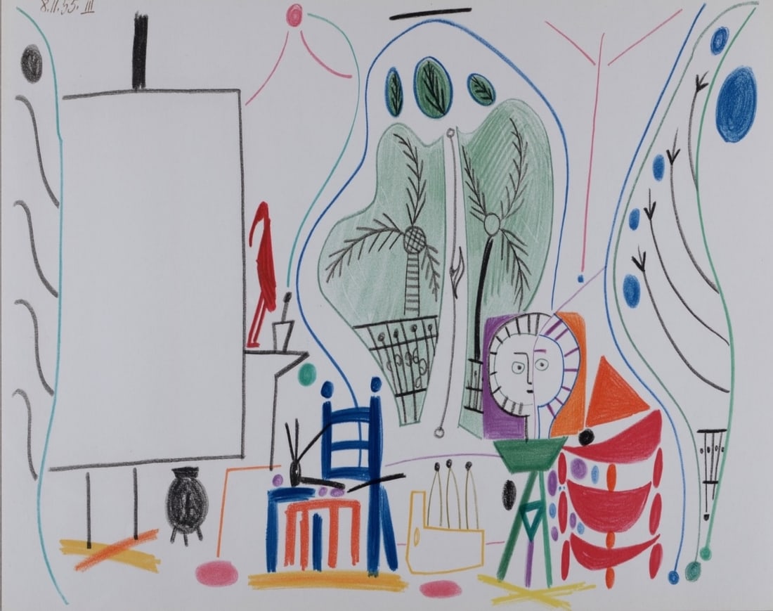 Pablo Picasso (After) : L'Atelier de La Californie #6, 1959: Pablo Picasso (After) L'Atelier de La Californie #6, 1959 Lithograph in colors on Vellum paper. Dated in the plate : 8.11.55. upper left. Dimensions: +Size of the sheet: 26,5 x 42 cm / 10,4 × 16,5 in