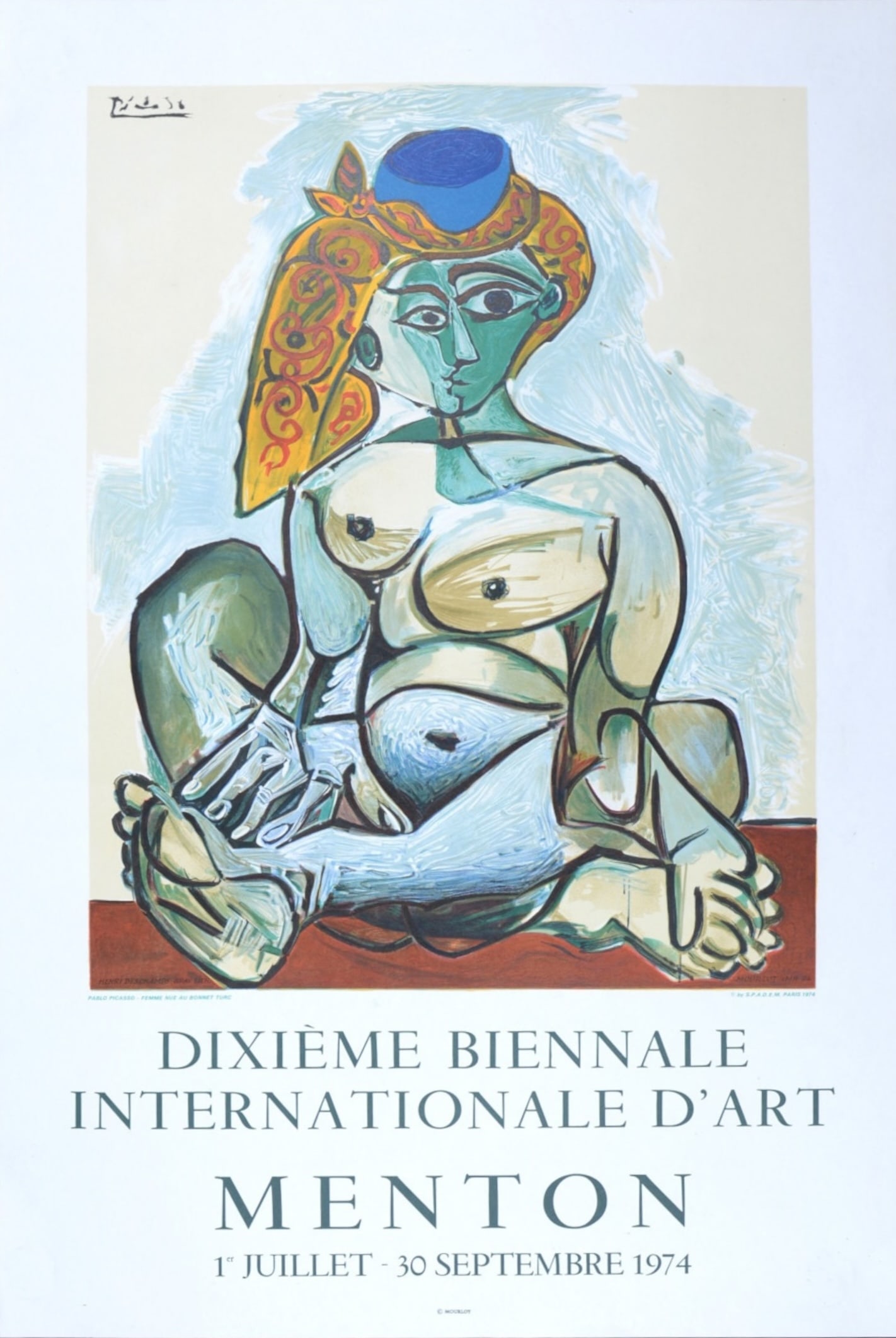 Pablo Picasso (1881-1973), Dixieme Biennale Internationale d'Art, Menton, 1974: Pablo Picasso (1881-1973) Dixieme Biennale Internationale d'Art, Menton, 1974 Lithograph poster in colors by Henri Deschamps after Pablo Picasso's painting. Plate-signed upper left margin. "Henri Desc