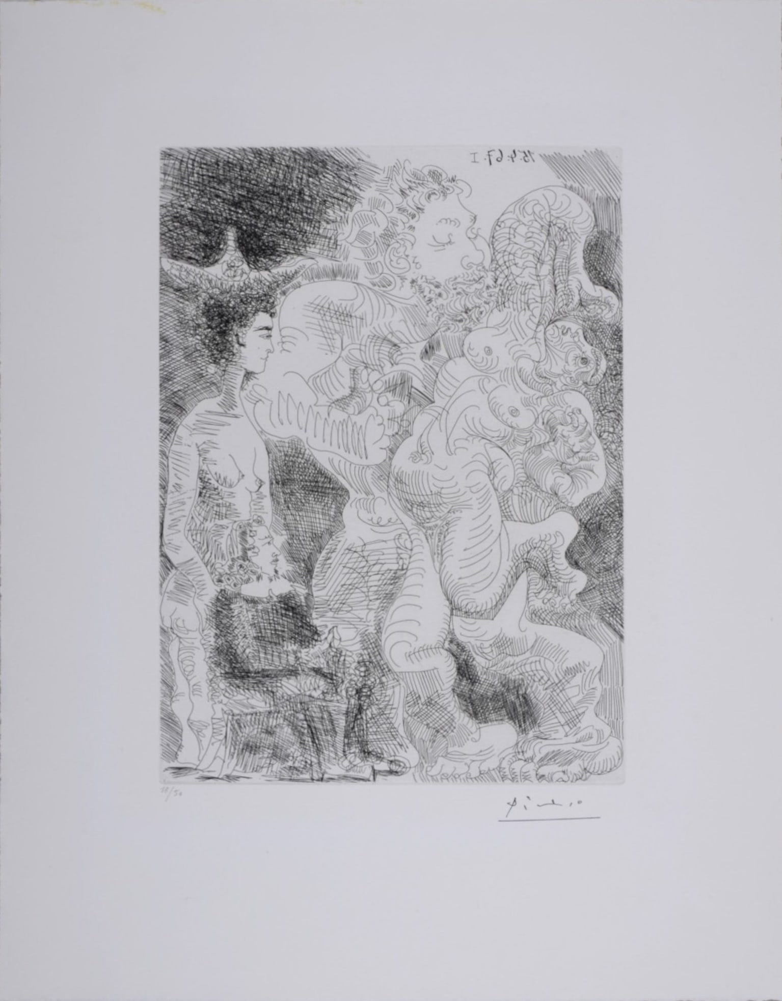 Pablo Picasso : Le peintre et son modele imaginant une etreinte, 1967: Pablo Picasso (1881 - 1973) Le peintre et son modele imaginant une etreinte, 1967 Etching on Rives vellum paper. With stamped signature lower right. Hand-numbered in pencil lower left: 18/50. Dated in