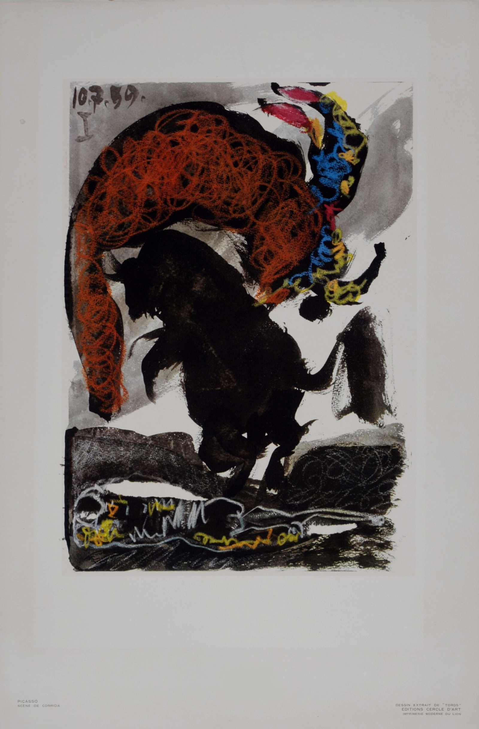 Pablo Picasso (After) - Scene de Corrida, 1961: Pablo Picasso (1881-1973), After Scene de Corrida, 1961 Photolithograph in colors on "Johannot" paper. With "Johannot" watermark lower right margin. "Picasso - Scene de Corrida" printed on the lower l