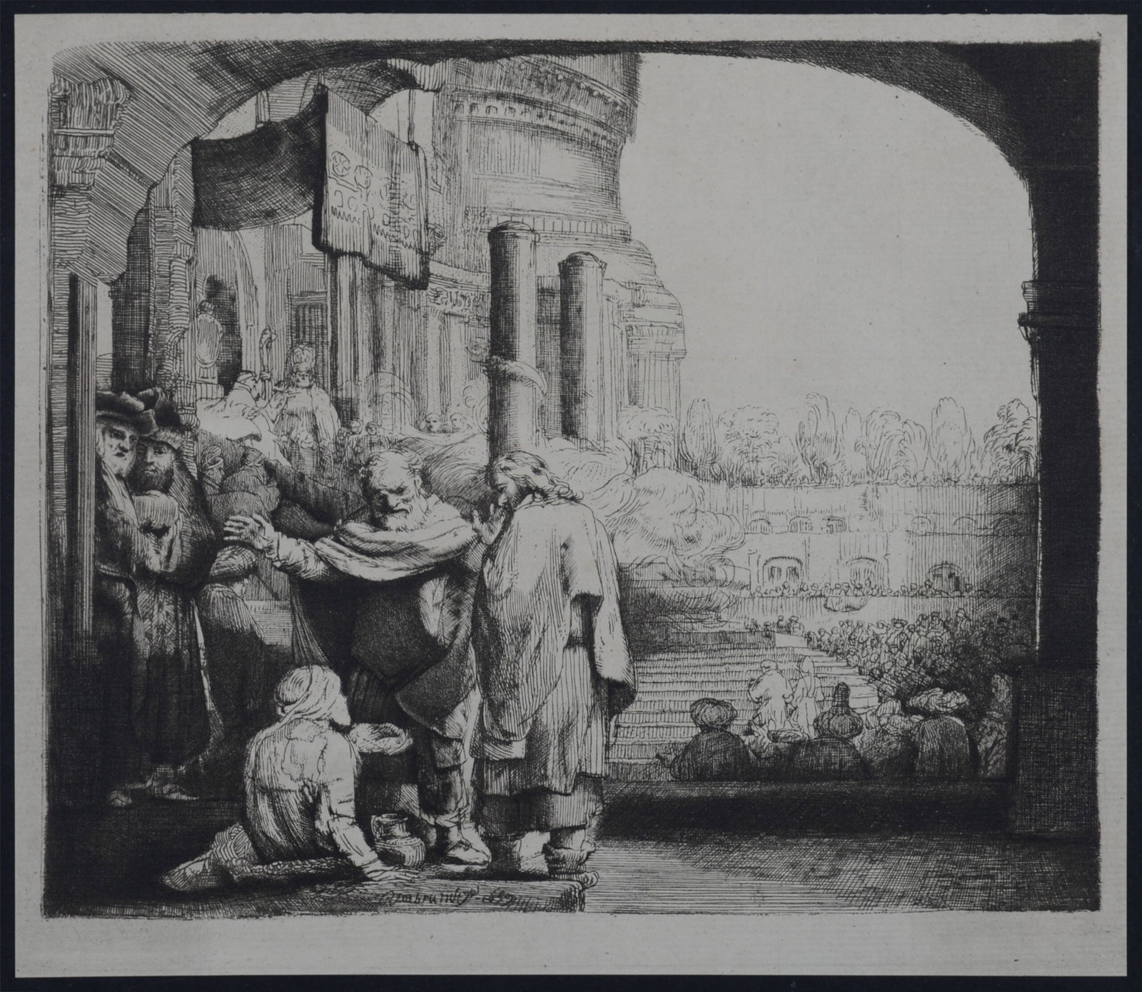Rembrandt Van Rijn, said Rembrandt (After) : Saint Pierre guerissant le paralytique, c. 1870: Rembrandt Van Rijn, said Rembrandt (After) Saint Pierre guerissant le paralytique, c. 1870 Heliogravure on Verge paper, after 1659 Rembrandt's etching (referenced in Bartsch #94 ; Claussin #97 ; Wilso