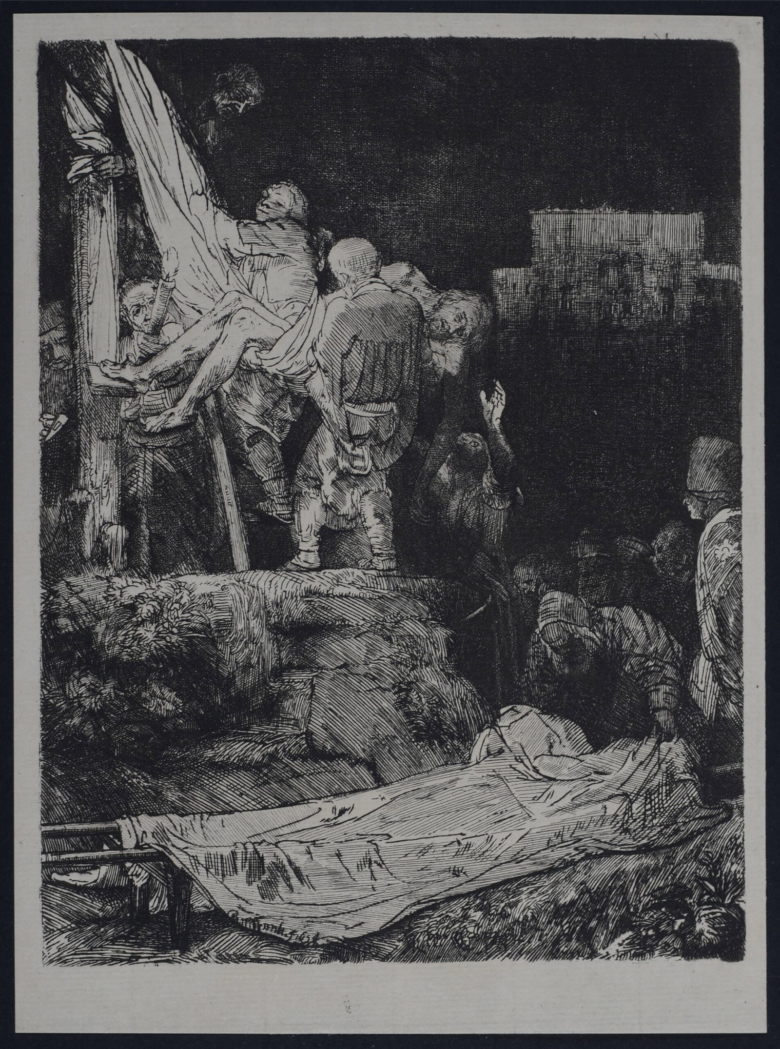 Rembrandt Van Rijn, said Rembrandt (After) : La descente de croix aux flambeaux, c. 1870: Rembrandt Van Rijn, said Rembrandt (After) La descente de croix aux flambeaux, c. 1870 Heliogravure on Verge paper, after 1654 Rembrandt's etching (referenced in Bartsch #83 ; Claussin #87 ; Wilson #8