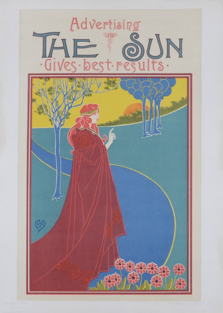Louis Rhead : Les Maitres de l'Affiche - The Sun, 1896: Louis Rhead (1857-1926) The Sun, 1896 Lithograph on wove paper. Signed on the plate lower left. Plate #8 Blind stamp "Les Maitres de l'Affiche, Imprimerie Chaix" on the bottom right corner. Dimensions
