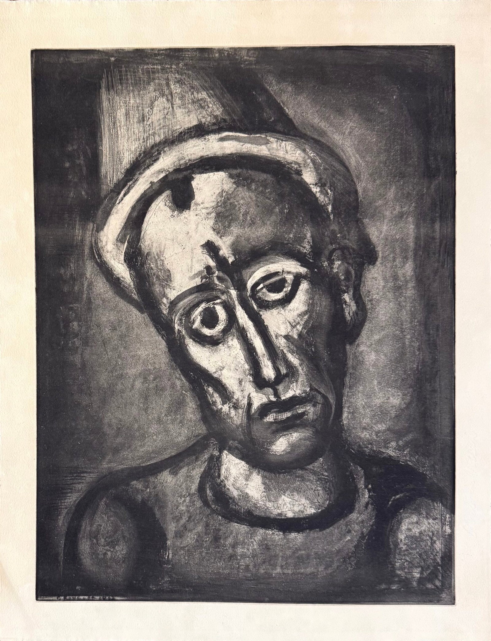 Georges ROUAULT : Qui ne se grime pas ?, 1923: Georges Rouault (1871–1958) Qui ne se grime pas ? (Who does not paint himself a face?), 1923 — Plate 8 from Miserere Aquatint, drypoint, roulette and burnishing over heliogravure, on Arches laid p