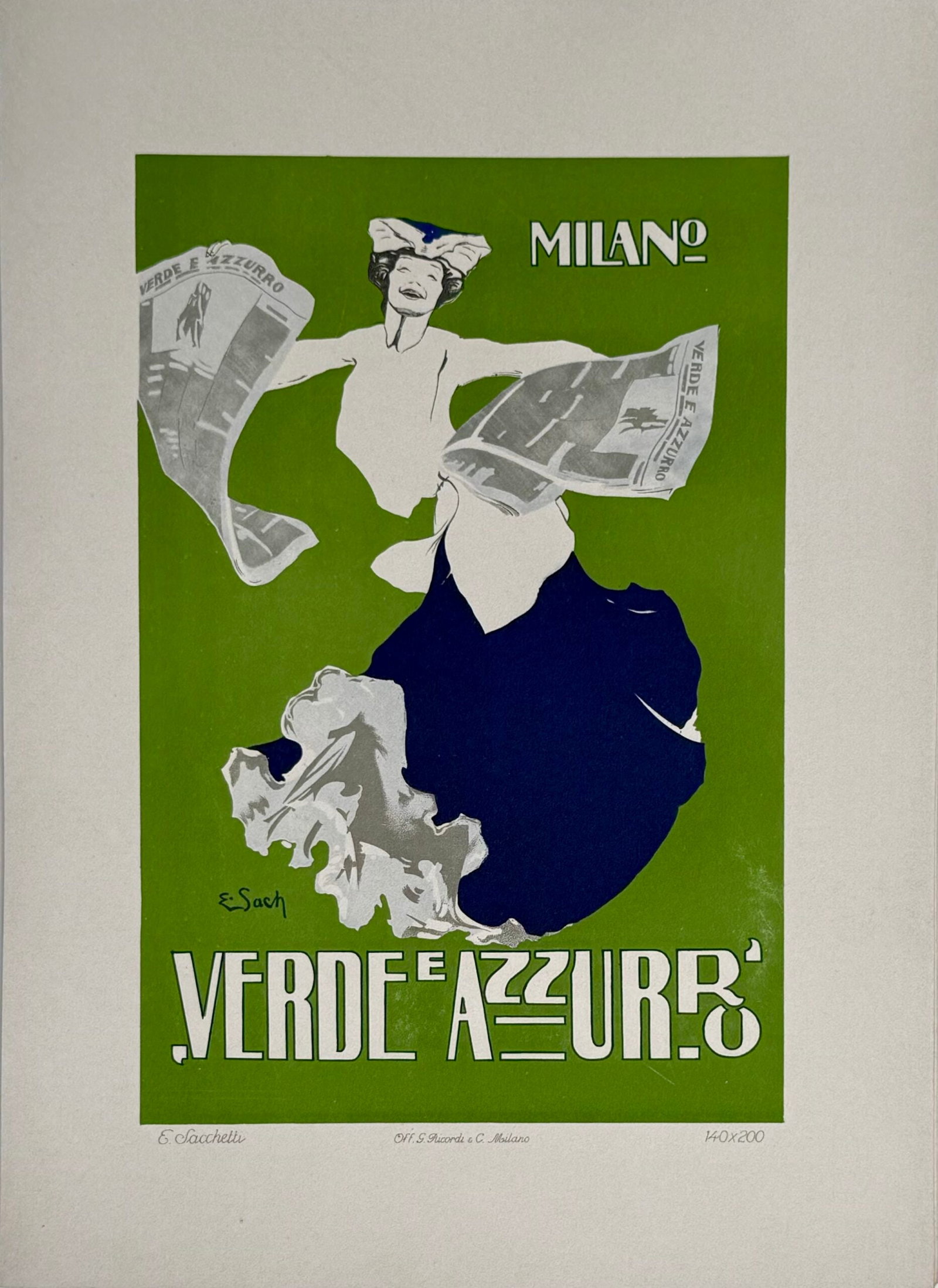 Enrico Sacchetti : Verde e Azzurro, 1914 (Ricordi Portfolio): Enrico Sacchetti Verde e Azzurro, 1914 Lithograph on thick paper. Extremely scarce lithograph from the iconic portfolio Ricordi! Dimensions: +Size of the sheet: 36 x 26 cm / 14,1 x 10,2 in. Printed by