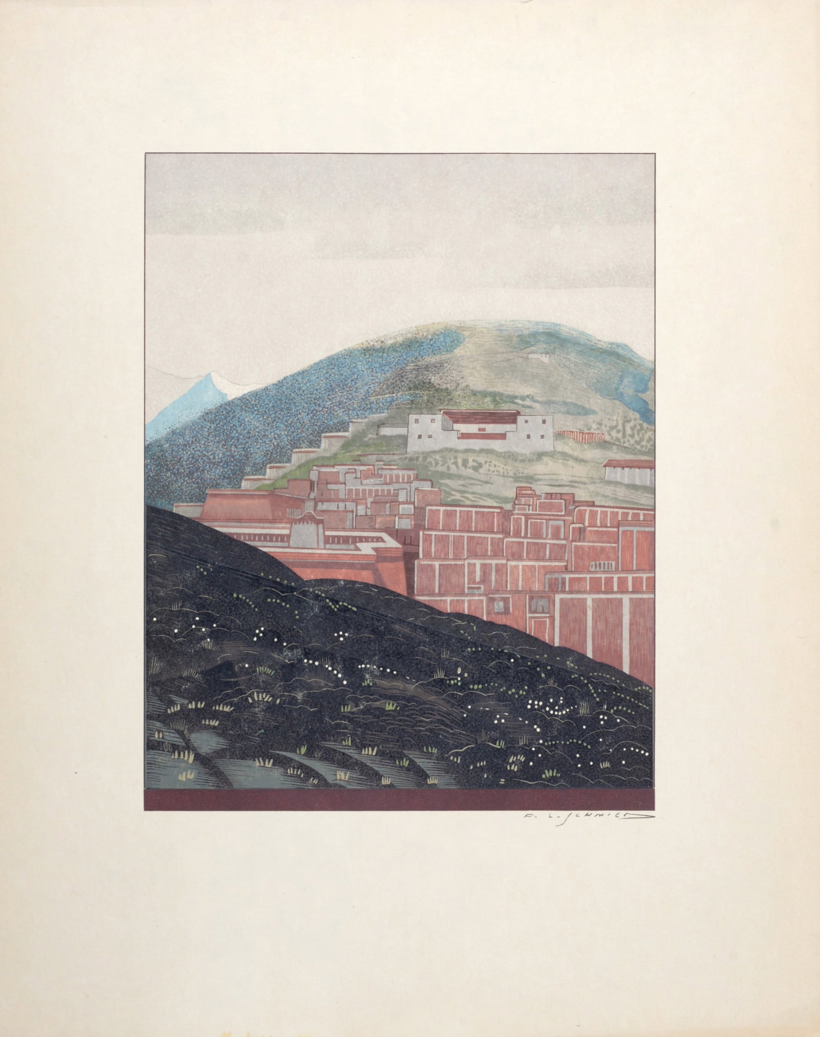 Francois Louis Schmied : Paysage #1, 1930: Francois Louis Schmied (1873-1941) Paysage #1, 1930 Woodcut in color on Japan paper. Plate-signed lower right margin. Dimensions : Size of the sheet : 31 x 25 cm / 12,2 x 9,8 in. Size of the image : 1