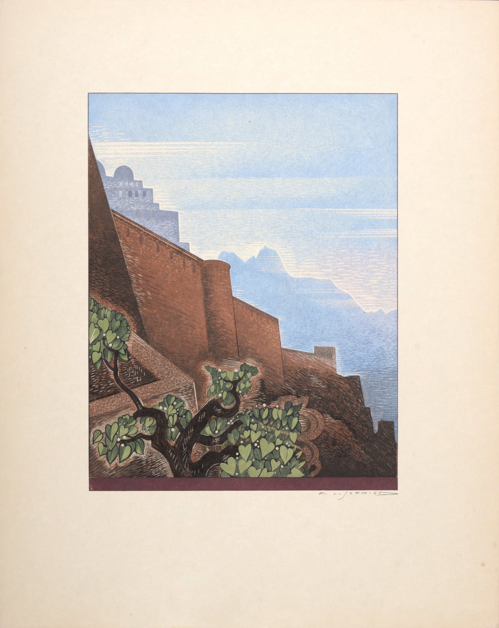 Francois Louis Schmied : Paysage #5, 1930: Francois Louis Schmied (1873-1941) Paysage#5, 1930 Woodcut in color on Japan paper. Plate-signed lower right margin. Dimensions : Size of the sheet : 31 x 25 cm / 12,2 x 9,8 in. Size of the image : 19