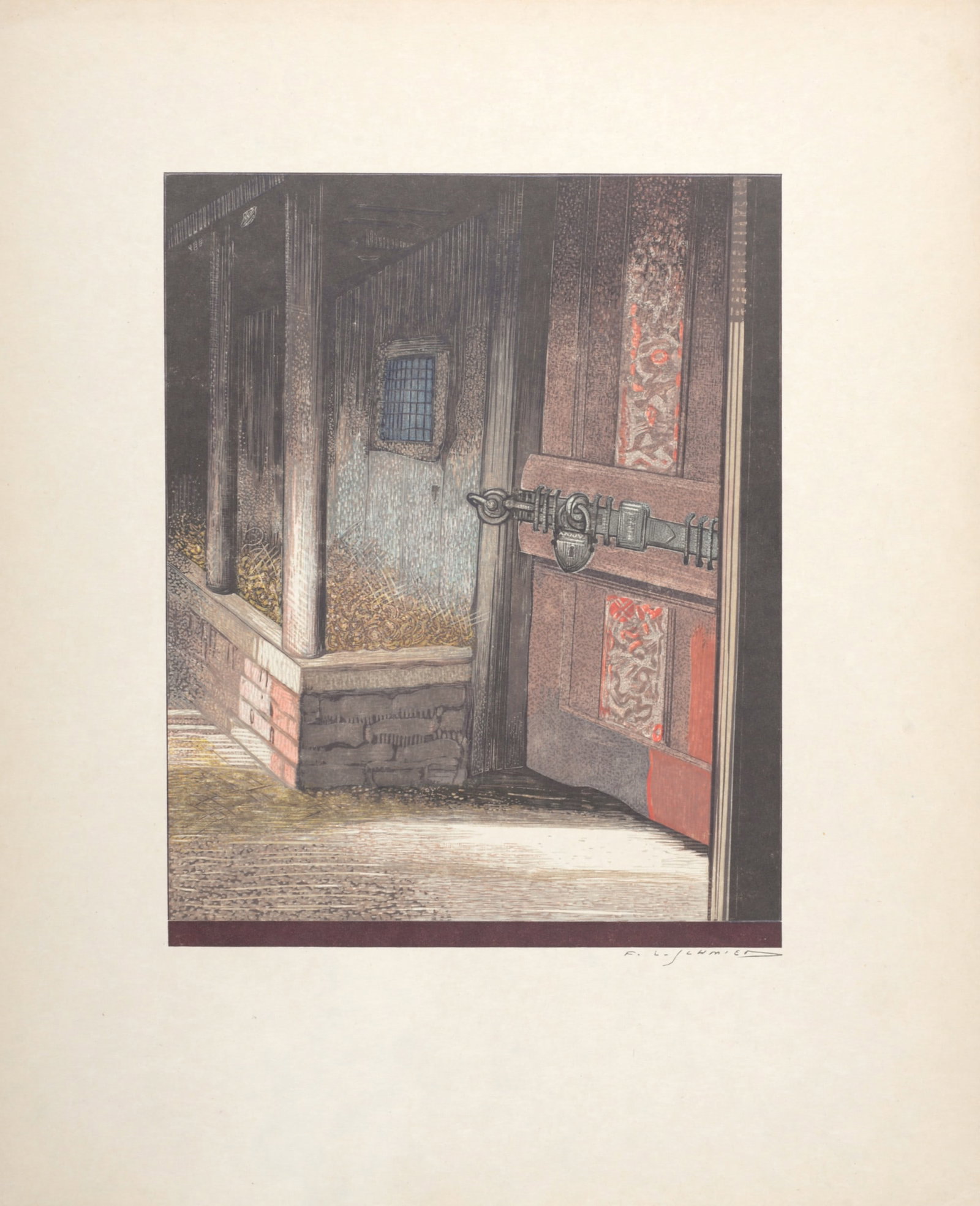 Francois Louis Schmied : La Porte, 1930: Francois Louis Schmied (1873-1941) La Porte, 1930 Woodcut in color on Japan paper. Plate-signed lower right margin. Dimensions : Size of the sheet : 31 x 25 cm / 12,2 x 9,8 in. Size of the image : 19,