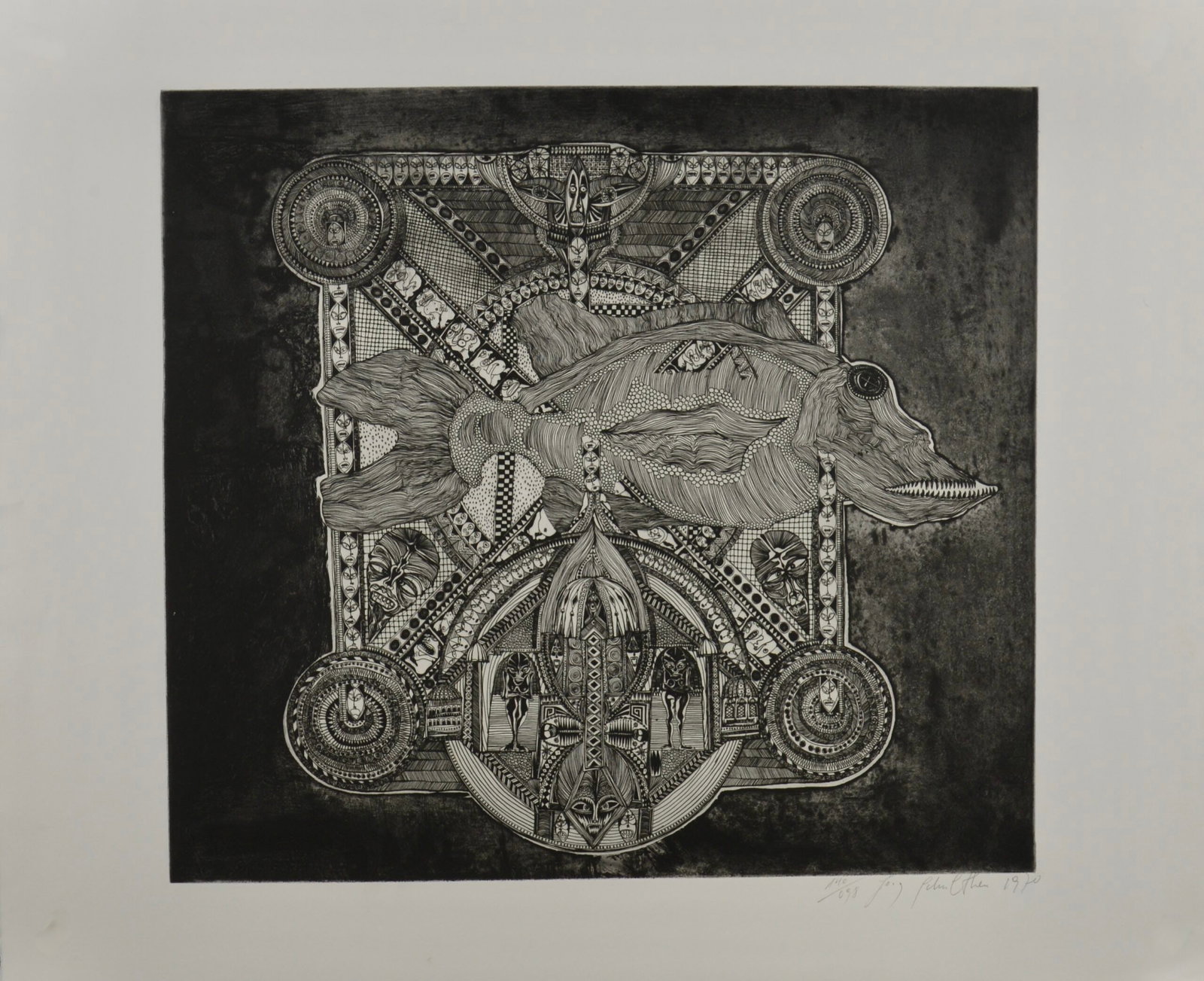 Jorg Schulthess : Fisch, 1970: Jorg Schulthess (1941-1992) Fisch,1970 Etching and aquatint in black on Rives paper.From the hand signed edition of 140 Hand signed and Numbered 98/140. Dimensions: + Sheet size: 63 × 77 cm - 24.80 �