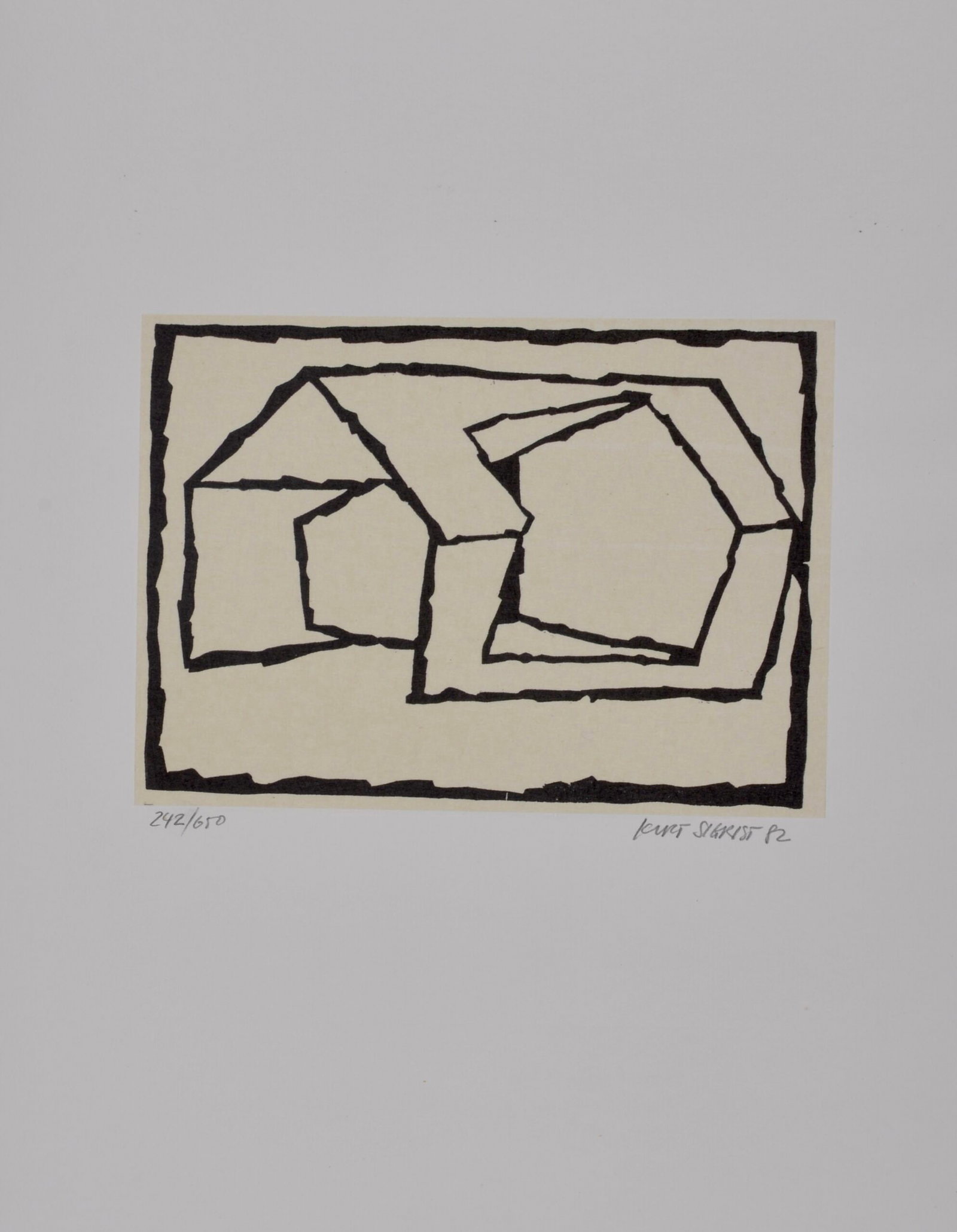 Kurt Sigrist : Untitled, 1982: Kurt Sigrist (1943-) Untitled, 1982 Linocut mounted on paper Hand-Signed and dated in pencil lower right and numbered 242/650 lower left. Dimensions: + Image Size : 13,5 x 18,7 cm / 5,3 × 7,4 in + Sh