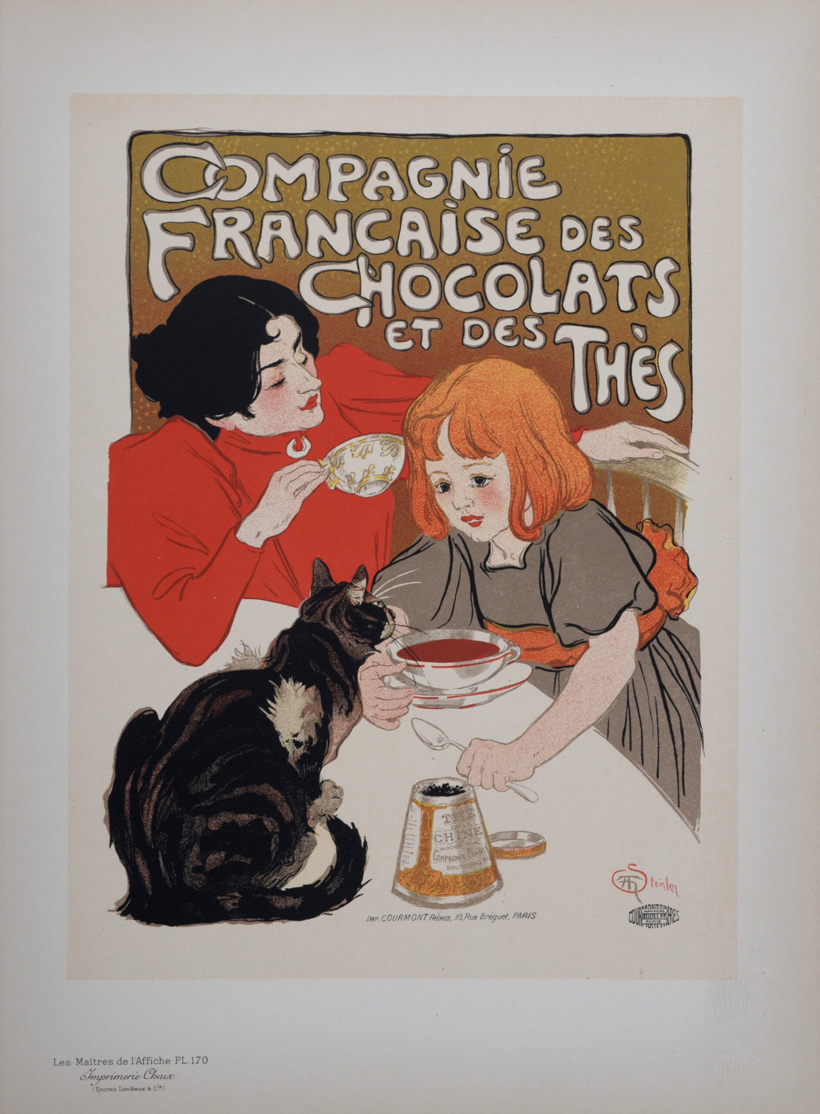 T. A. Steinlen : Les Maitres de l'Affiche - Compagnie Francaise des Chocolats et des Thes, 1899: T. A. Steinlen (1859-1923) Compagnie Francaise des Chocolats et des Thes, 1899 Les Maitres de L’Affiche : Pl. 170 Lithograph on wove paper Signed on the plate lower right margin. Dimensions : + Size