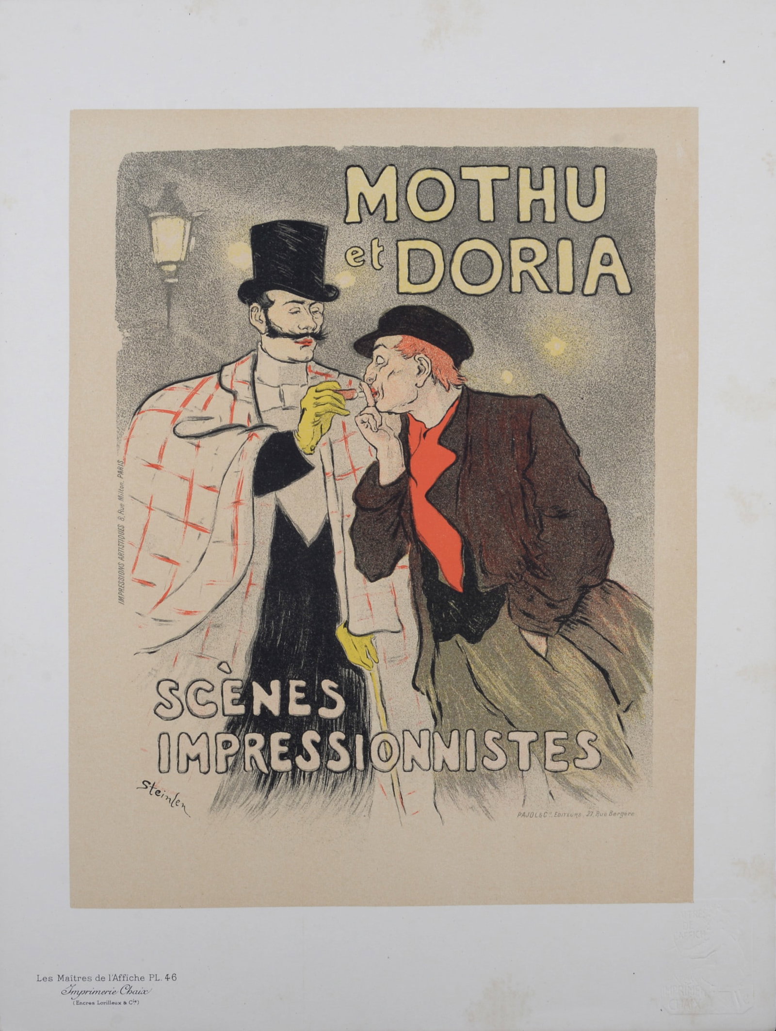 T. A. Steinlen : Les Maitres de L’Affiche - Mothu et Doria, 1896: T. A. Steinlen (1859-1923) Mothu et Doria, 1896 Les Maitres de L’Affiche : PL. 46 Lithograph on wove paper. Signed on the plate lower right margin. Dimensions : + Size of the sheet : 39,4 x 28,7 cm 