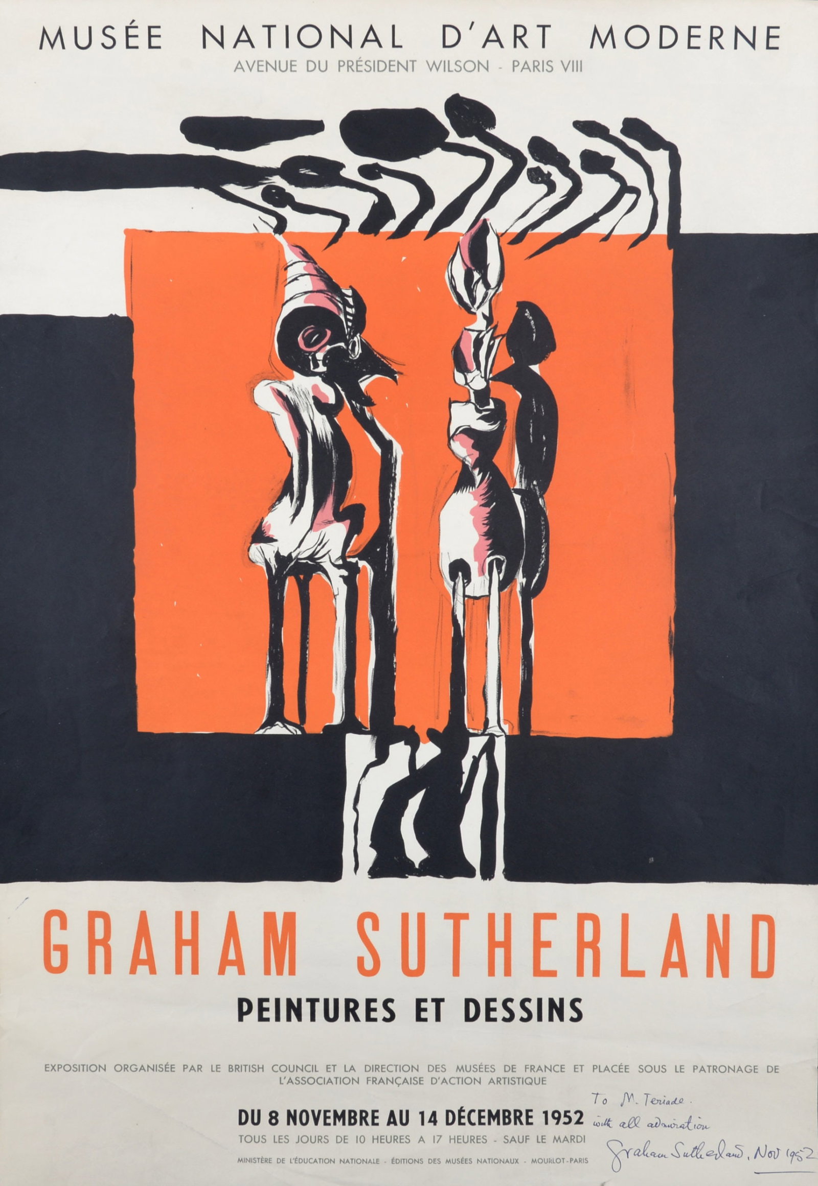 Graham Sutherland : Peintures et dessins, Musee National d'Art Moderne, 1952: Graham Sutherland (1903-1980) Peintures et dessins, Musee National d'Art Moderne, 1952. Lithograph poster on wove paper. Dedicated and hand-signed lower right "To M. Teriade, With all admiration, Grah