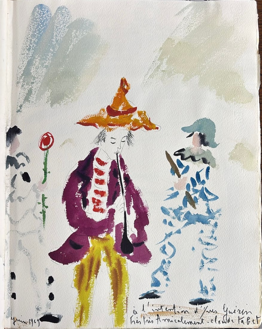 Claude Tabet : Le Joueur de flute, 1969 (Watercolour): Claude Tabet (1924–1979) Le Joueur de flute, 1969 Watercolour, pen and black ink Dated lower left: "Juin 1969"; dedicated lower right: "a l'intention d'Yves Guerin, tres tres amicalement", signed "C