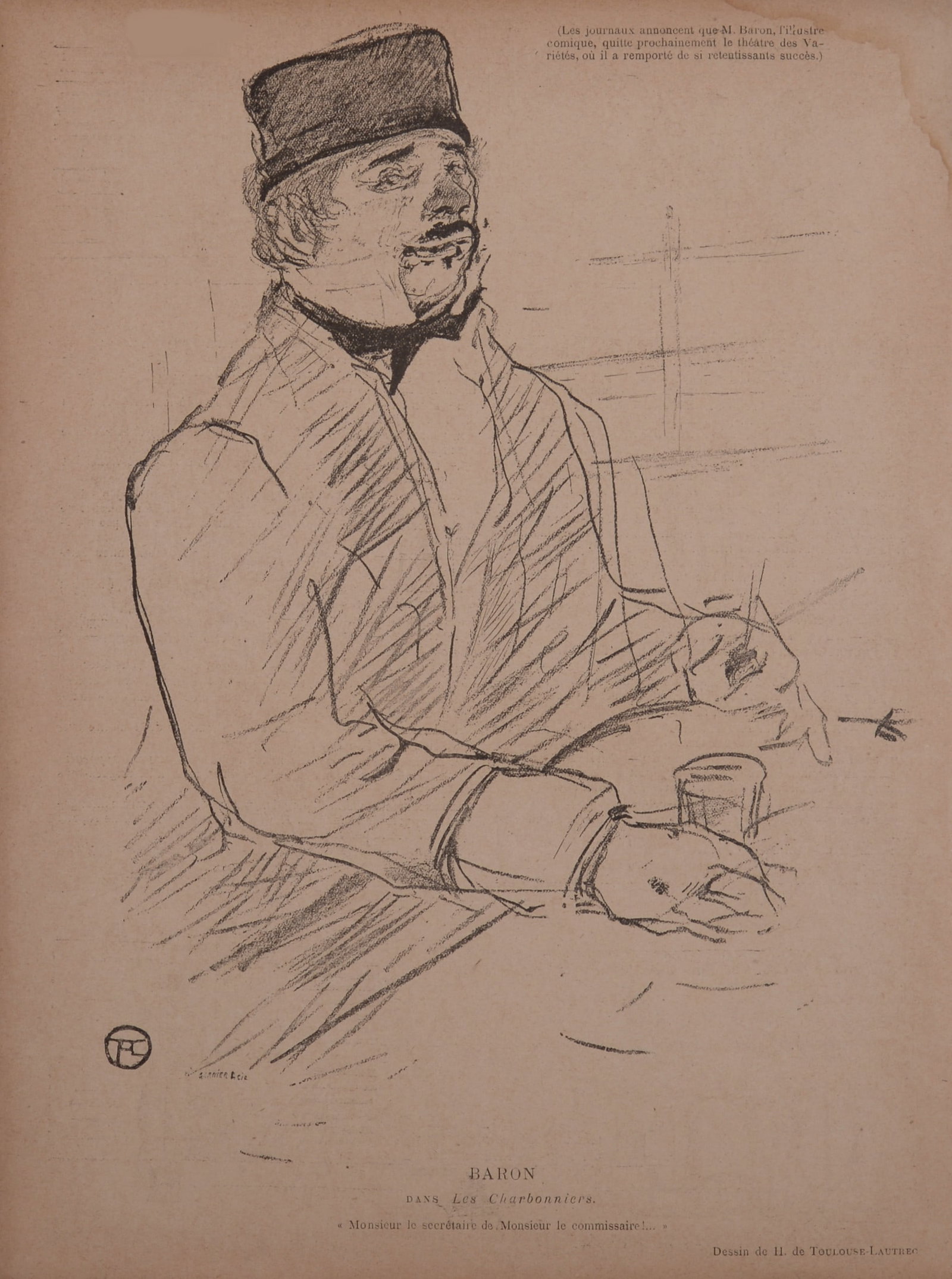 Henri De Toulouse Lautrec - Le Rire : Baron dans le Charbonniers, 1897: Henri de Toulouse-Lautrec (1864-1901) Baron dans le Charbonniers, 1897 Lithograph on paper. Signed on the plate with Toulouse-Lautrec's monogram lower left margin. Annotated in the plate with "Garnier