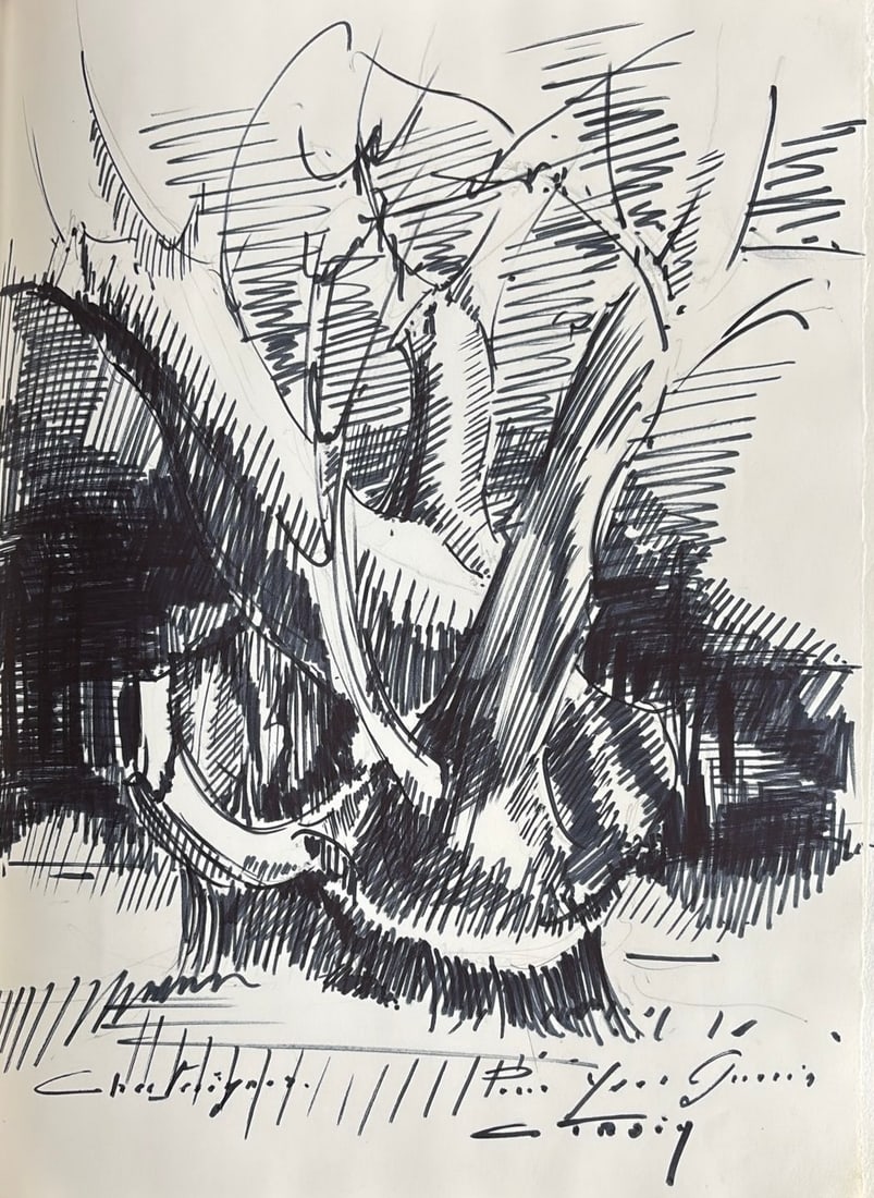 Claude Troin : Le Chataignier, c. 1967 (Black felt-tip pen): Claude Troin (1938–2019) Le Chataignier, C. 1967 Black felt-tip pen Signed and inscribed by hand, lower right: "Pour Yves Guerin", signed "C. Troin" Dimensions: Sheet 29.7 × 21 cm (11 ?? × 8 &frac