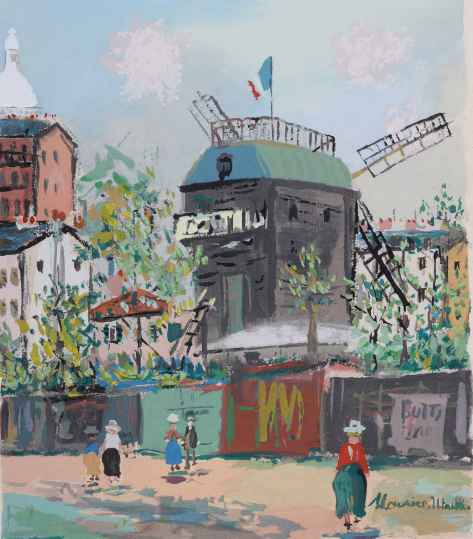 Maurice Utrillo, Le Moulin de la Galette, Montmartre, 1950: Maurice Utrillo, Le Moulin de la Galette, Montmartre, 1950 Pochoir in colours (procede Jacomet) on Arches paper. Signed in the plate, lower right. Not numbered. Dimensions : Sheet : 37.7 × 27.8 cm / 