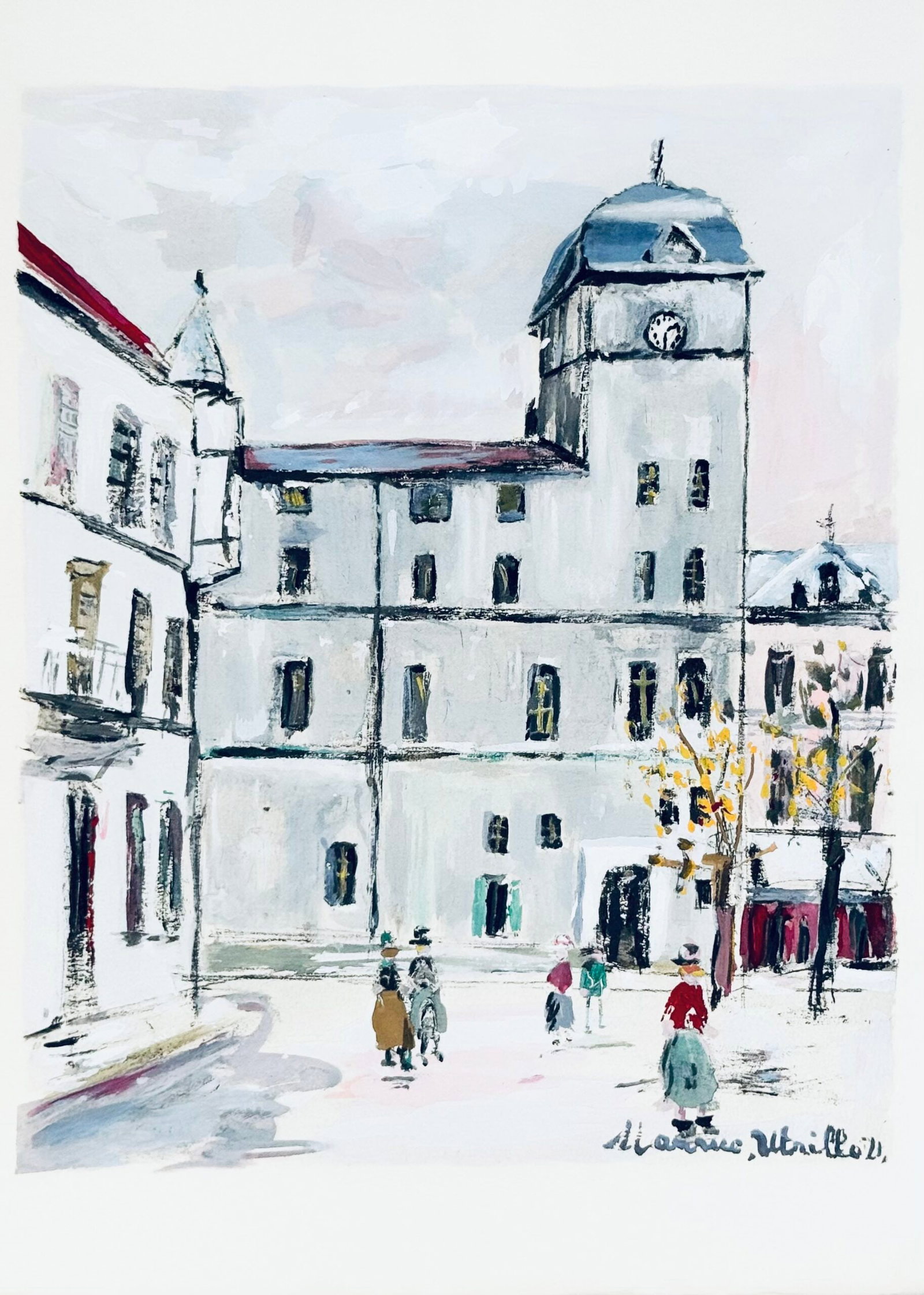 Maurice Utrillo - Les Passants, Montmartre, 1950: Maurice Utrillo (1883-1955) Les Passants, Montmartre, 1950 Pochoir ("procede Jacomet") in colors on Arches paper. Signed in the plate lower right Dimensions: + Size of the sheet : 37,7 x 27,8 cm / 14,