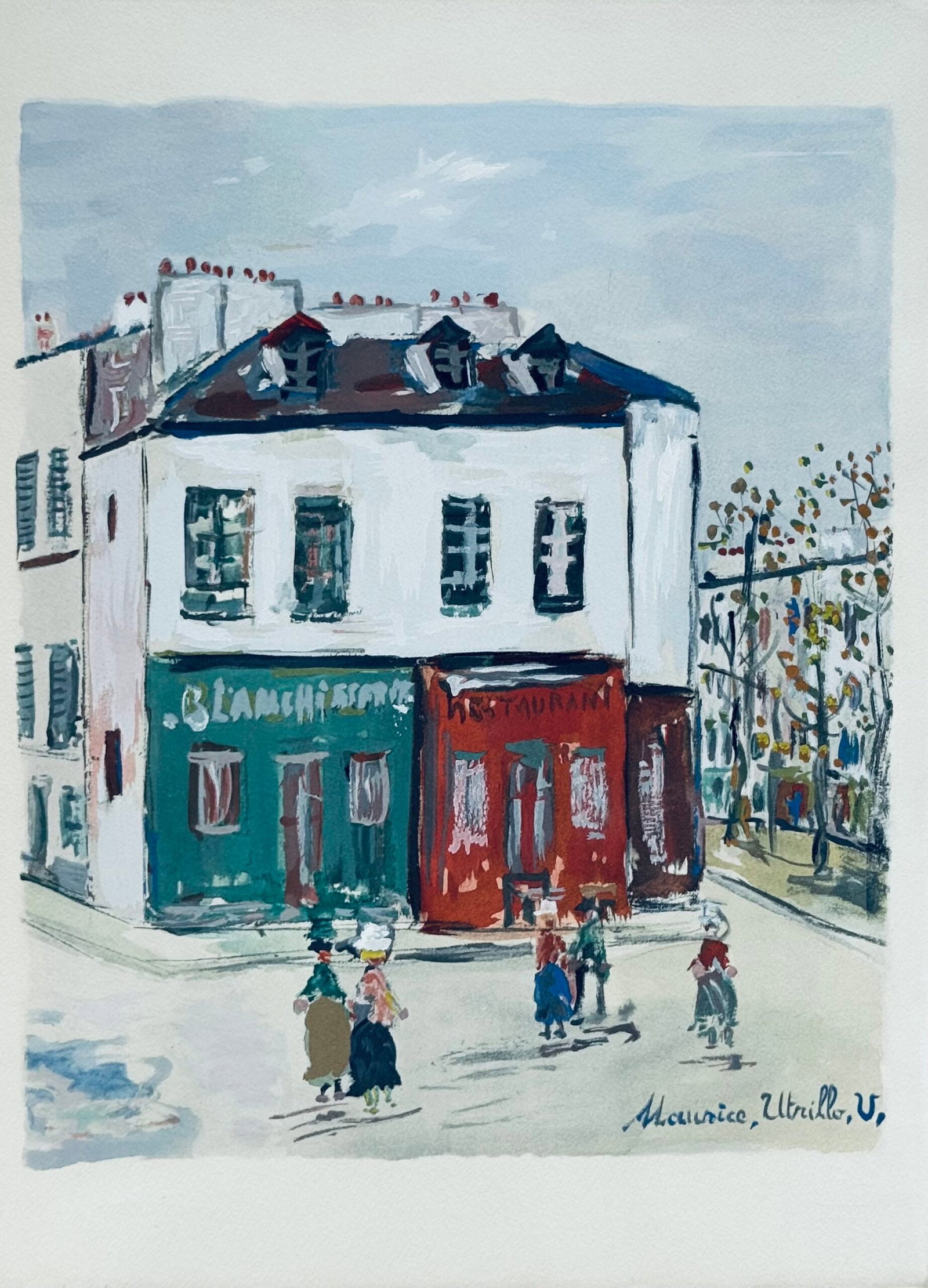 Maurice Utrillo - La blanchisserie de la Bastille, 1950: Maurice Utrillo (1883-1955) La blanchisserie de la Bastille, 1950 Pochoir ("procede Jacomet") in colors on Arches paper. Signed in the plate lower right Dimensions: + Size of the sheet : 37,7 x 27,8 c