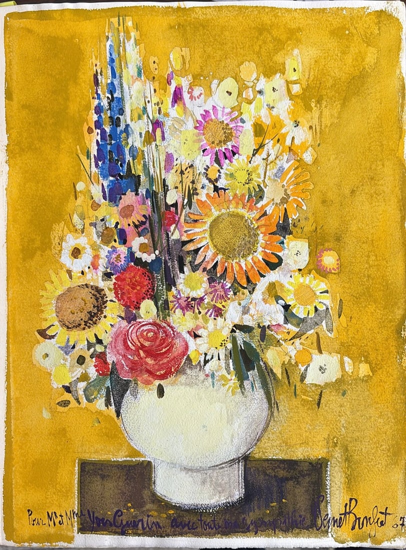 Robert Vernet-Bonfort : Bouquet de fleurs (Bouquet of Flowers), 1967 (Gouache): Robert Vernet-Bonfort (1934–2017) Bouquet de fleurs (Bouquet of Flowers), 1967 Gouache and watercolour, with white heightening Dedicated, signed and dated by hand, lower edge: "Pour Mr et Mme Yves G