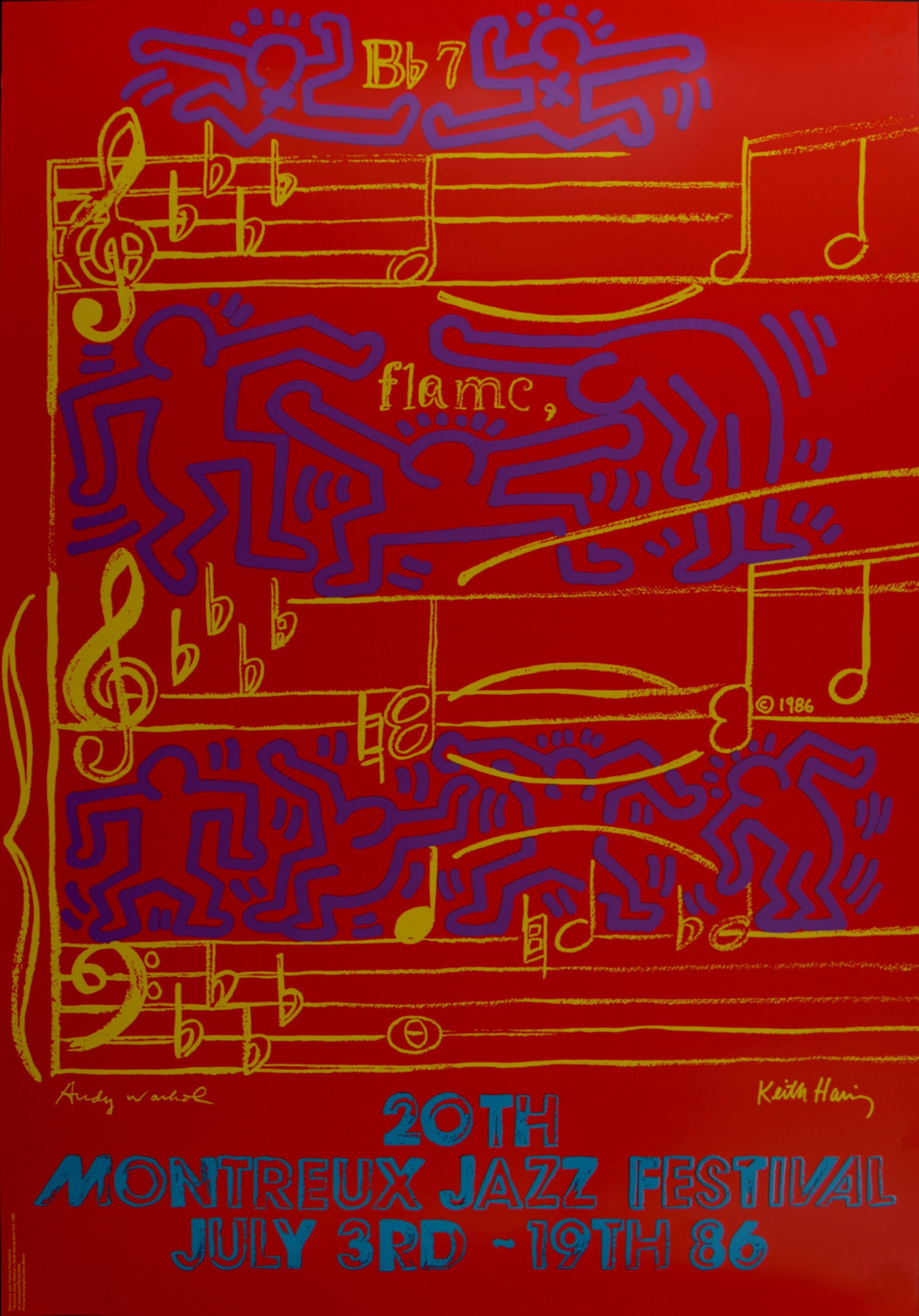Andy Warhol & Keith Haring - 20th Montreux Jazz Festival, 1986 - Very large!: Keith Haring & Andy Warhol 20th Montreux Jazz Festival, 1986 Very large silkscreen on poster paper. Signed on the plate by both artists lower margin. Dimensions: + Size of the sheet: 100 x 70 cm / 39,
