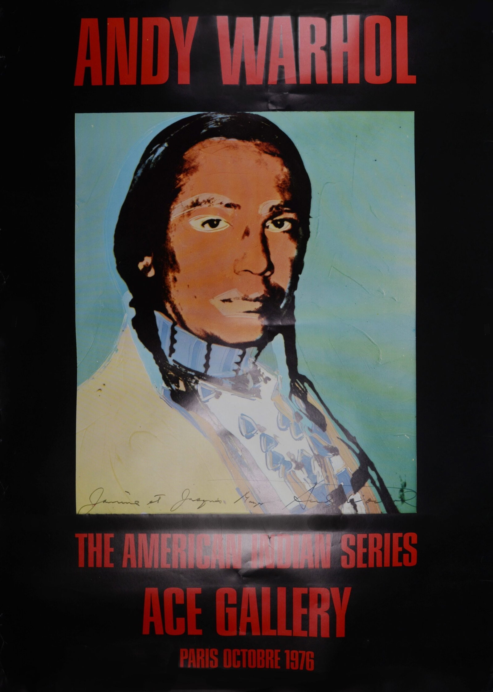 Andy Warhol : The American Indian Series, 1976 - Hand-signed: Andy Warhol (1928-1987) The American Indian Series, 1976 Original offset lithograph poster on paper. Hand-signed by the artist and dedicated in felt-tip marker on the front, within the portrait image.