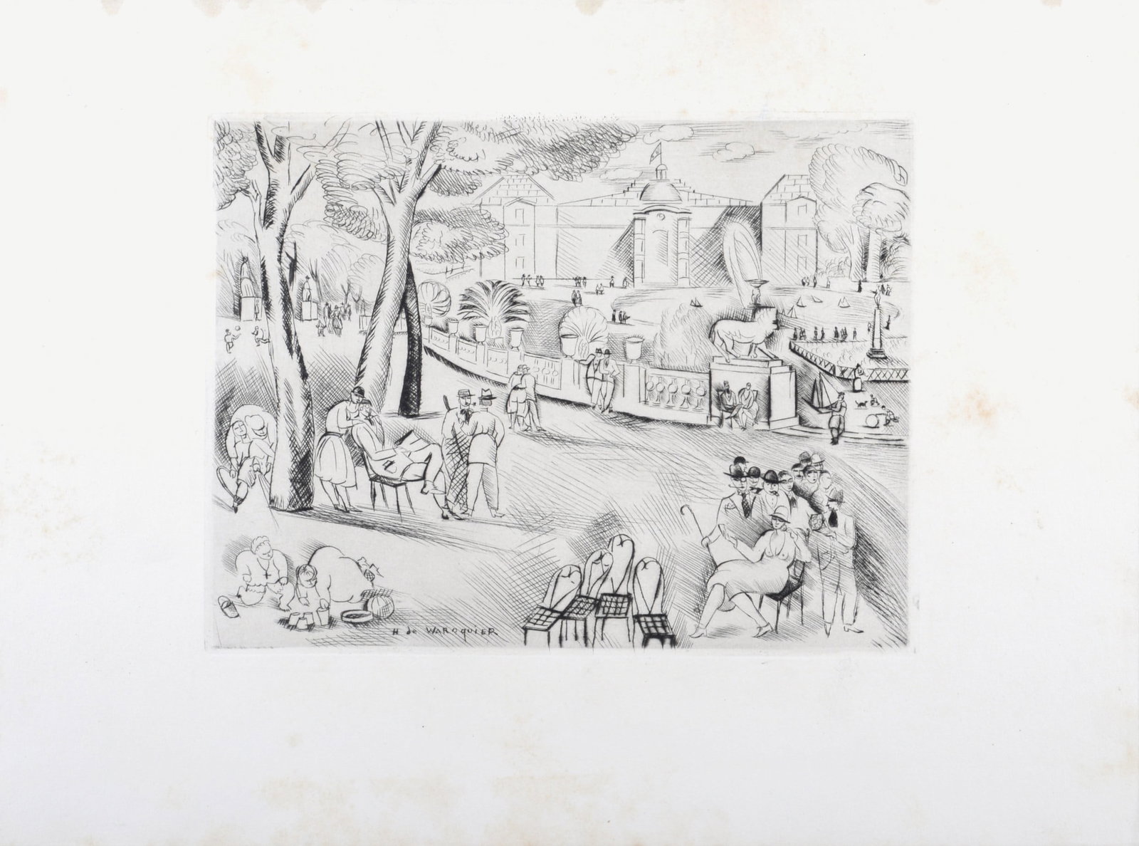 Henry De Waroquier : Jardin du Luxembourg, 1927: Henry De Waroquier (1881-1970) Jardin du Luxembourg, 1927 Original etching on paper (drypoint) Plate-signed Dimensions: + Size of the sheet : 24.5 x 32.1 / 9.6 x 12.6 in. + Size of the image : 15 x 19