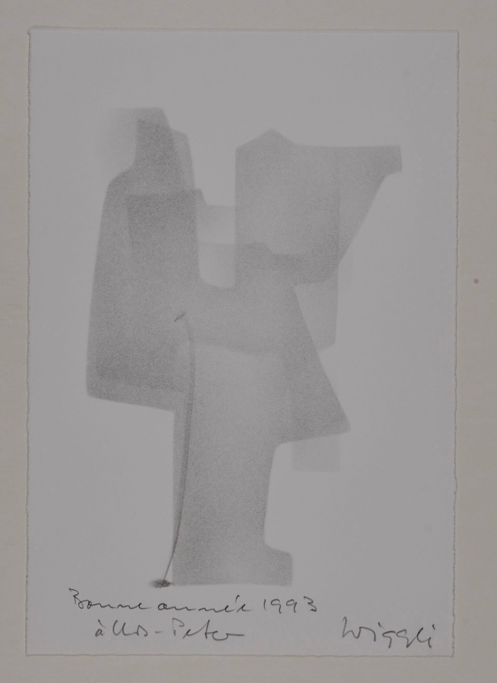 Oscar Wiggli : Abstract composition, 1993: Oscar Wiggli (1927-2016) Abstract composition, 1993 Lithograph on paper. Hand signed and inscribed "Bonne annee 1993 a Urs Peter" Dimensions: + Sheet size: 29 × 20 cm / 11.42 × 7.87 in Worldwide shi