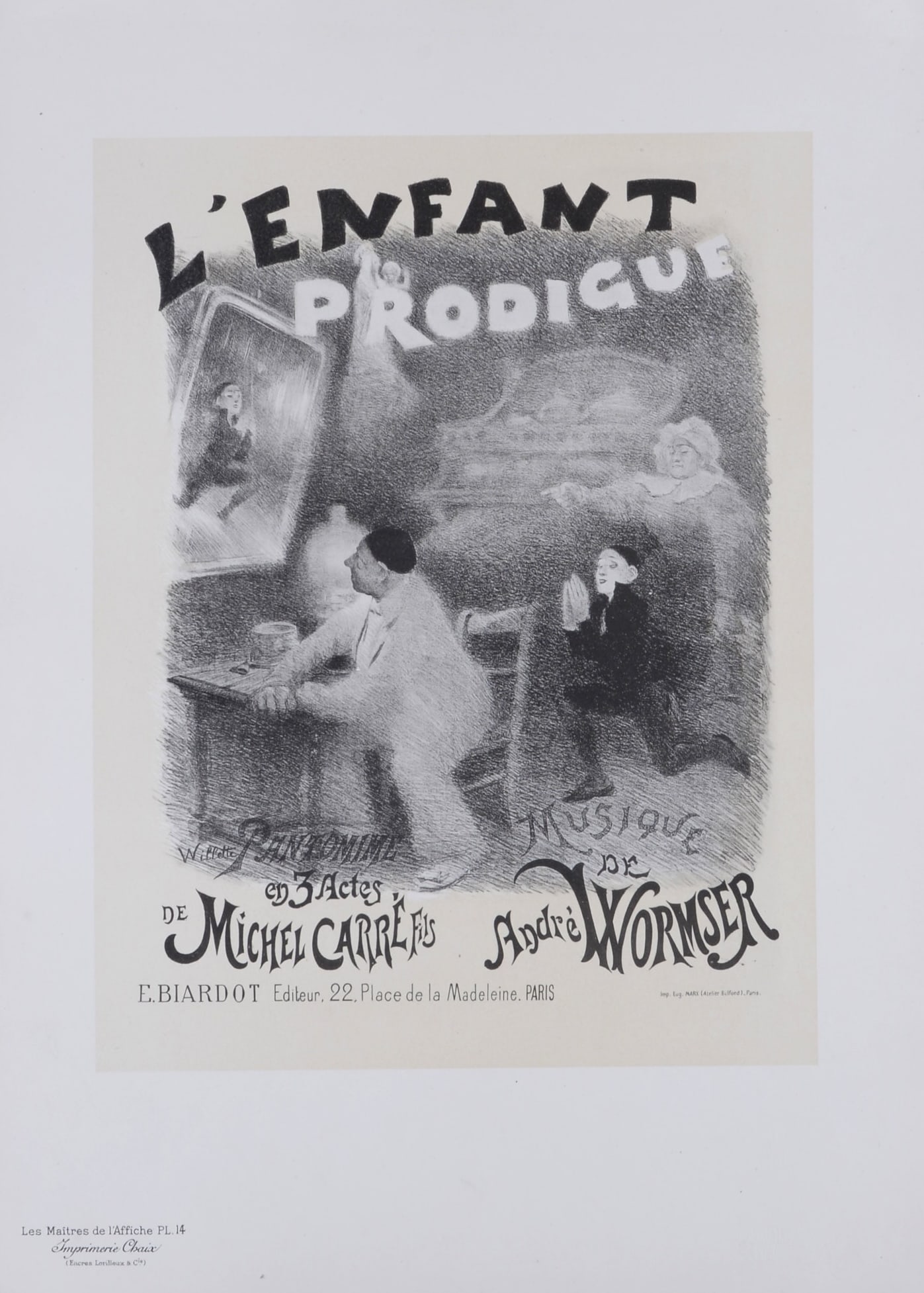 Adolph E. Willette : Les Maitres de l'Affiche - L'enfant Prodigue, 1896: Adolph E. Willette (1857-1926) L'Enfant Prodigue (1896) Lithograph on wove paper. Signed on the plate lower left. Plate #14 Blind stamp "Les Maitres de l'Affiche, Imprimerie Chaix" on the bottom right