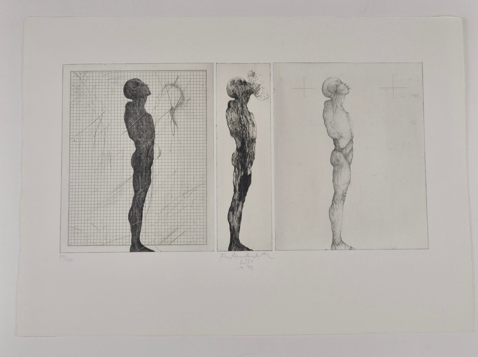 Franz Anatol Wyss : Dreiheit, 1973: Franz Anatol Wyss (1940) Dreiheit, 1973 Etching on velin paper From the edition of 150 Hand signed numbered 32/150 and dated 1973 Dimensions: Image Size : 30 x 56,5 - 11.81 × 22.24 in Sheet size: 50 