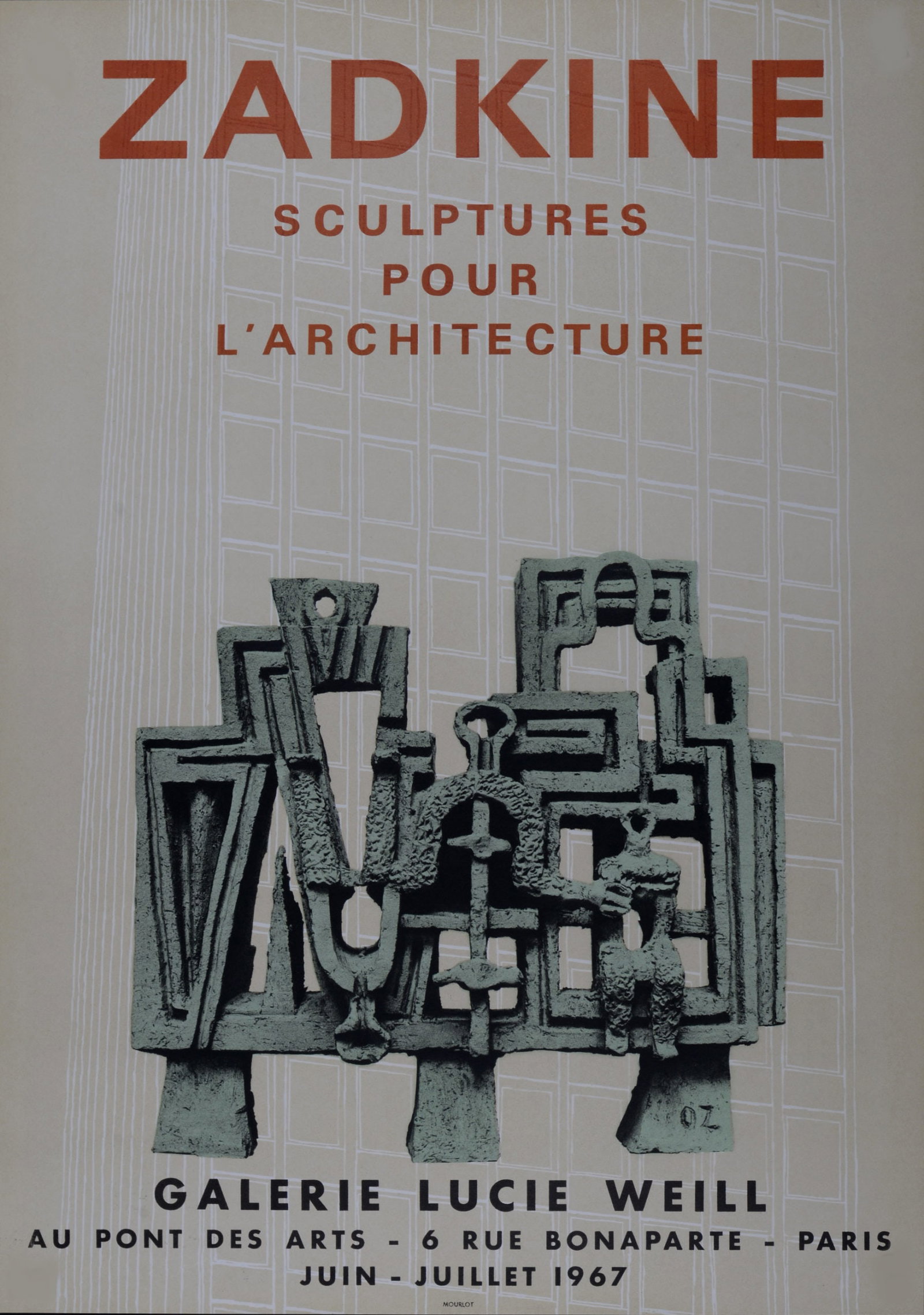 Ossip Zadkine : Sculptures pour l'architecture - Galerie Lucie Weill, 1967: Ossip Zadkine (1890–1967) Sculptures pour l'architecture - Galerie Lucie Weill, 1967 Photo-lithograph poster for the exhibition of Zadkine at the galerie Lucie WEILL in 1967. Dimensions: + Size of t