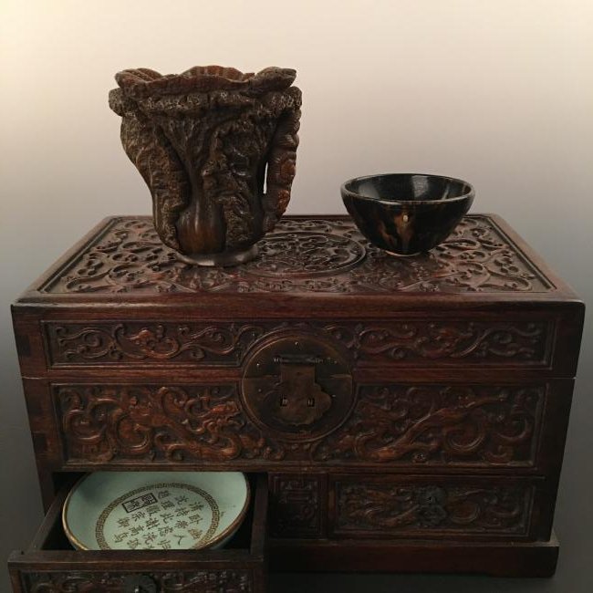 A Set Of Four Pieces Of Antique Gift : A Chinese: A Set Of Four Pieces Of Antique Gift : A Chinese Hardwood Jewelry Box, An Ox-Horn Cabbage-Shape Wine Cup, A Jizhou Kiln Pottery Bowl, And An Ru-Type Porcelain Brush Washer 9-1/4''; 5-1/2''; 1-1/2''; 2