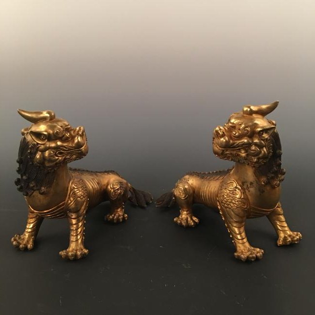 Chinese Gilt Brass Unicorn Pair Statue (1 of 8)
