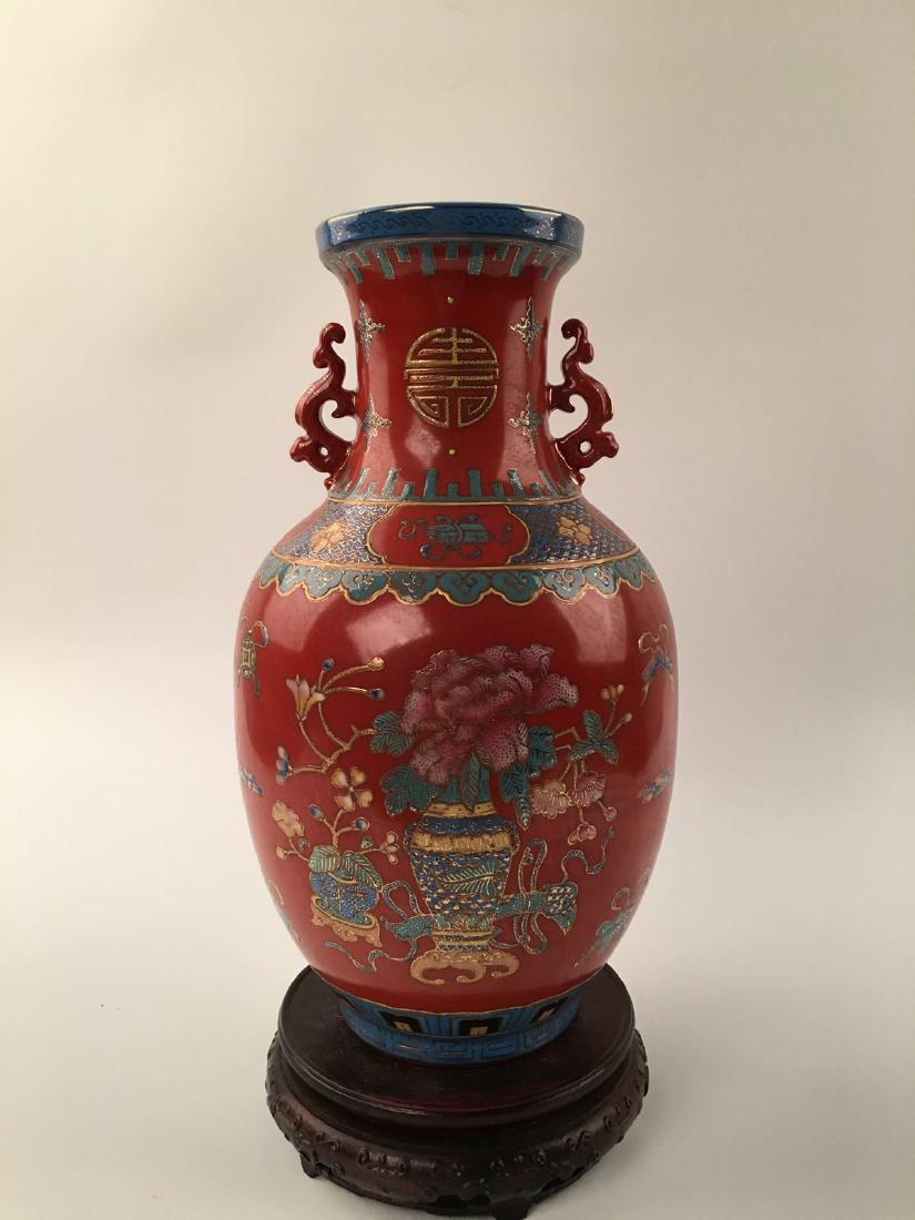 Chinese Famille Rose Red Background Gilt Peony Vase (1 of 8)