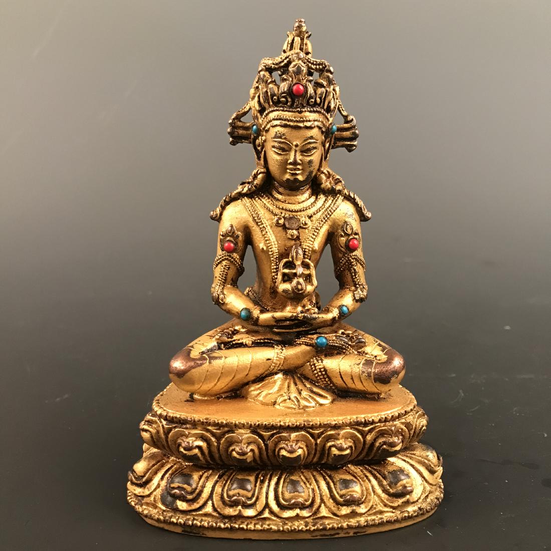 Chinese Gilt Bronze Buddha Figure Inlaid Gemstones (1 of 9)