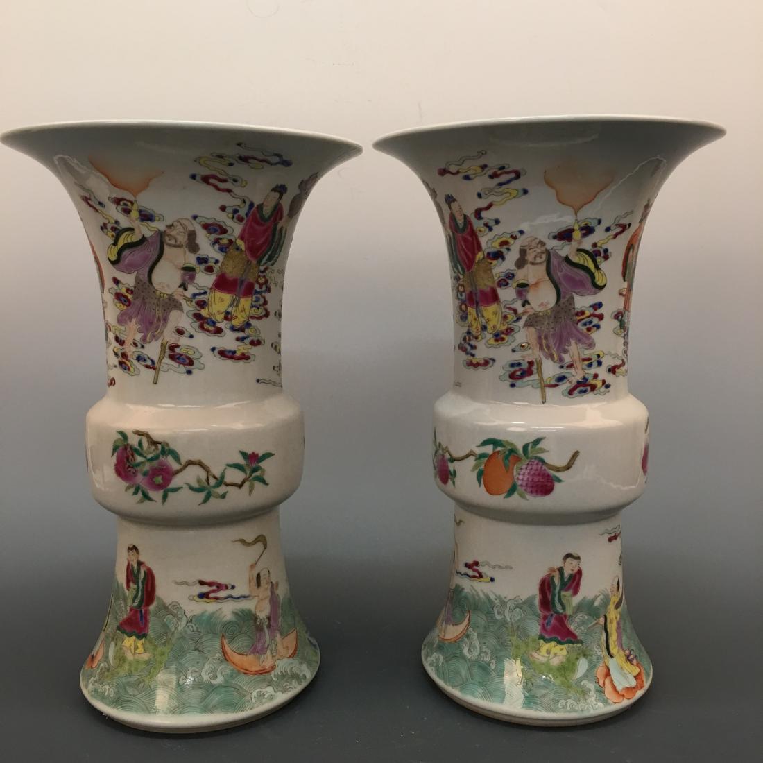Chinese Famille Rose Gu-Shape 'Immortals' Vase Pair. (1 of 10)